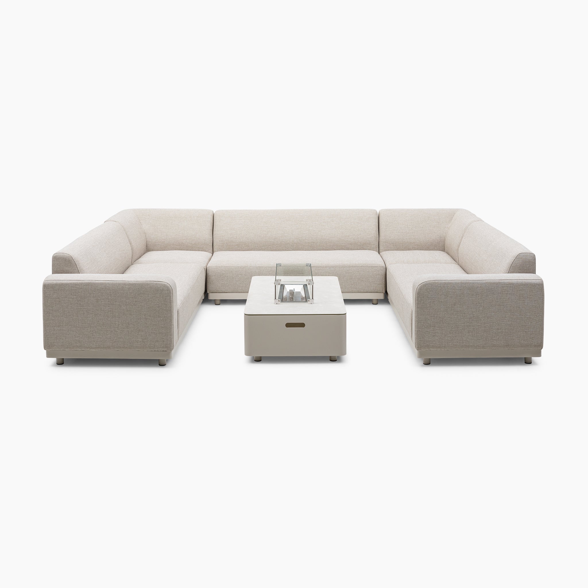 The Luna U-Shape Outdoor Fabric Sofa Set, featuring a Fawn color and complemented by a stylish firepit coffee table, is elegantly displayed against a pristine white background.