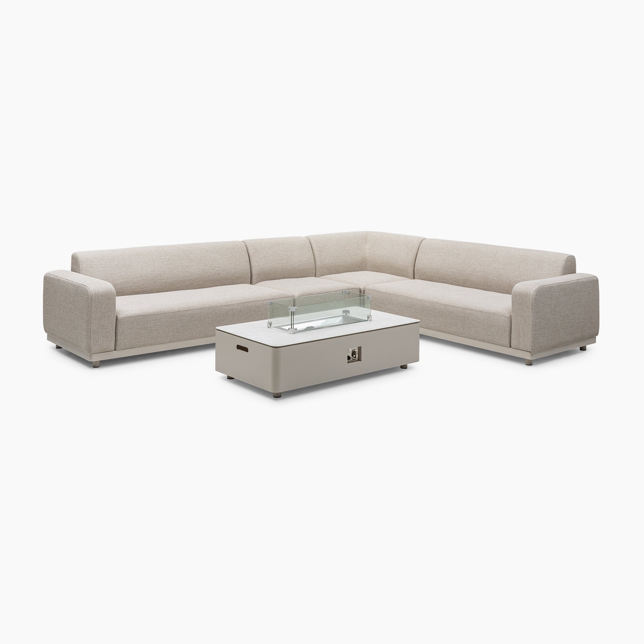 The Fawn L-shaped sofa is part of the Luna Outdoor Fabric Corner Group Set, featuring a firepit coffee table with a glass top on a white background, perfect for showcasing Luna outdoor fabric.