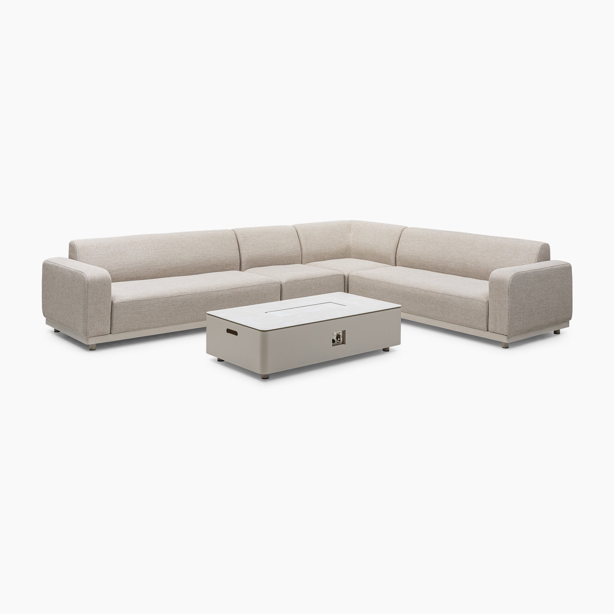 Luna Outdoor Fabric Corner Group Set with Firepit Coffee Table in Fawn, arranged as an L-shaped sectional sofa and paired with a rectangular firepit coffee table, showcased against a white background.