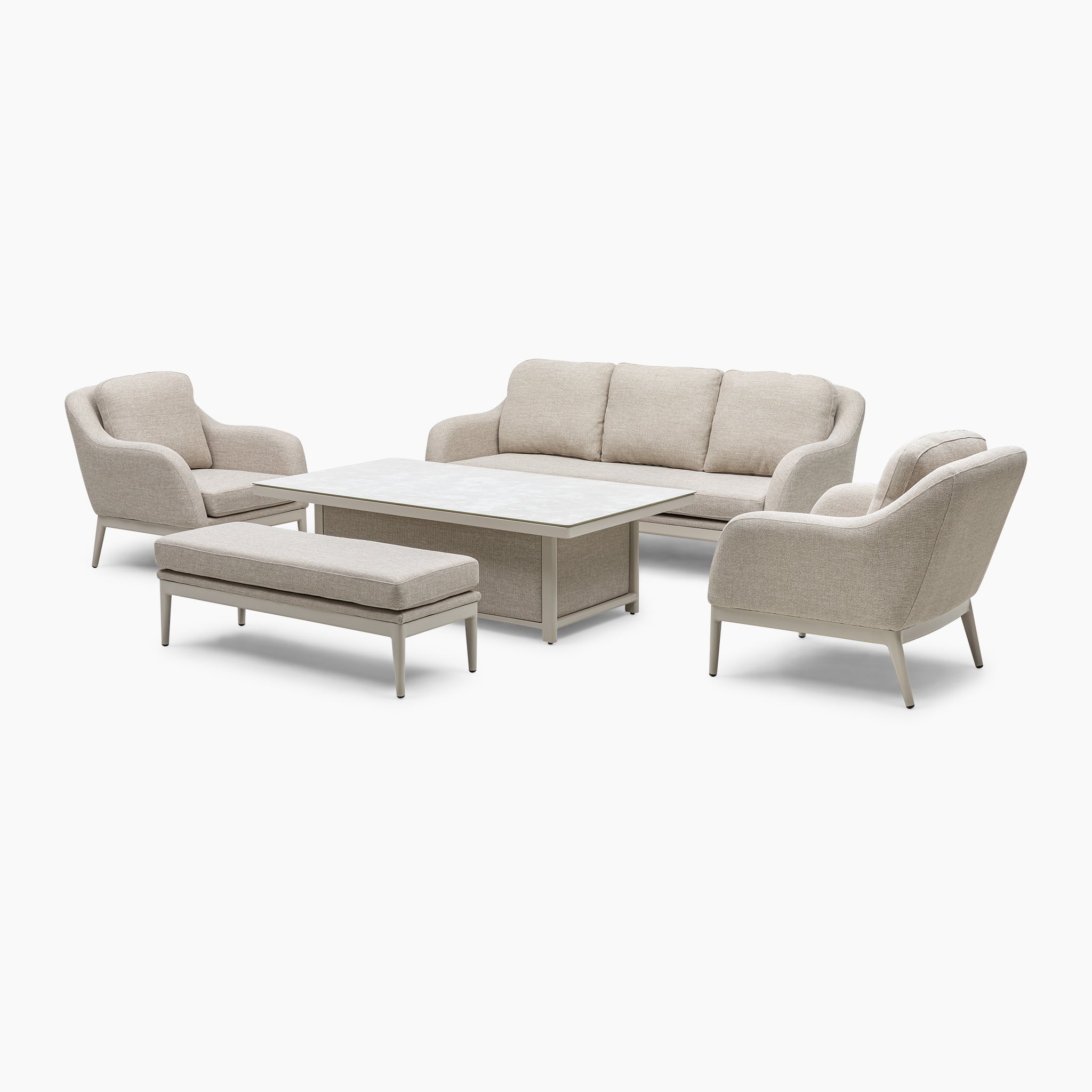 The Luna 3 Seat Outdoor Fabric Sofa Set with Rising Table in a fawn color boasts a modern design, featuring a sofa, two chairs, a bench, and a rectangular table. Crafted with elegance in mind, this low-maintenance set is perfect for enhancing any space.