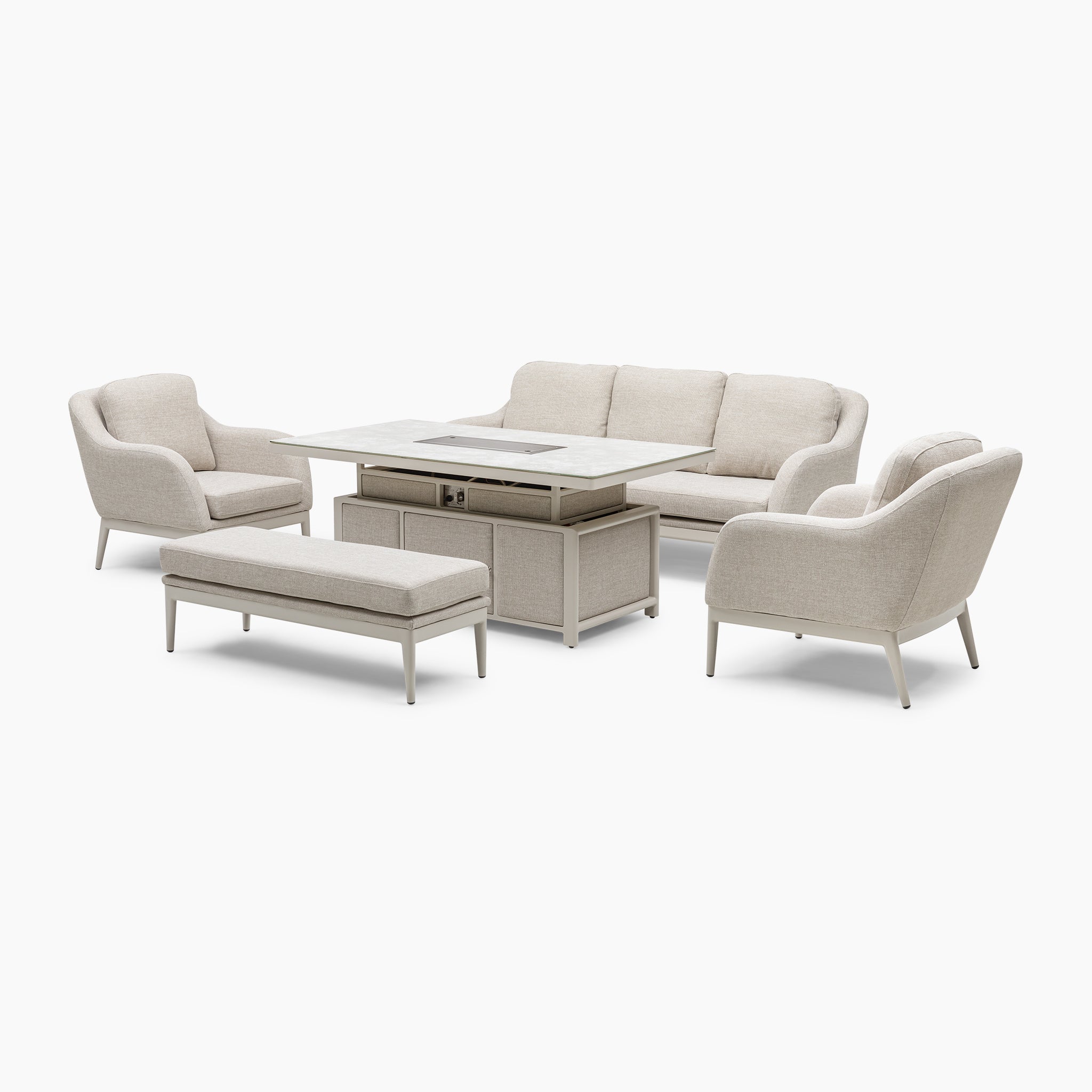 The Luna 3 Seat Outdoor Fabric Sofa Set in Fawn includes a sofa, two chairs, a bench, and a maintenance-free rising firepit table to elevate your backyard experience.