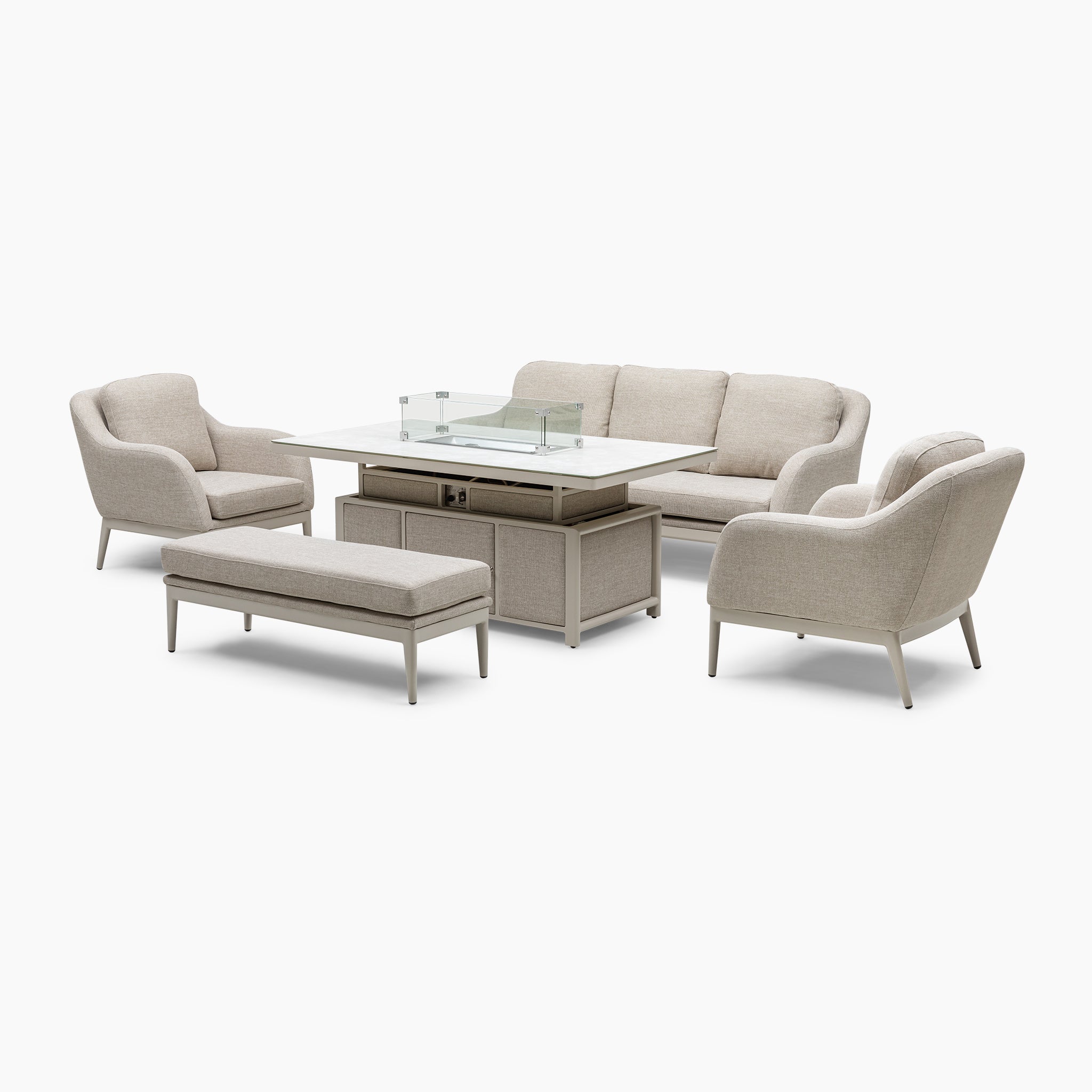 Luna 3 Seat Outdoor Fabric Sofa Set in Fawn displayed on a stark white background, featuring a sofa, two chairs, a bench, and a rising firepit table made with durable outdoor fabric for maintenance-free enjoyment.