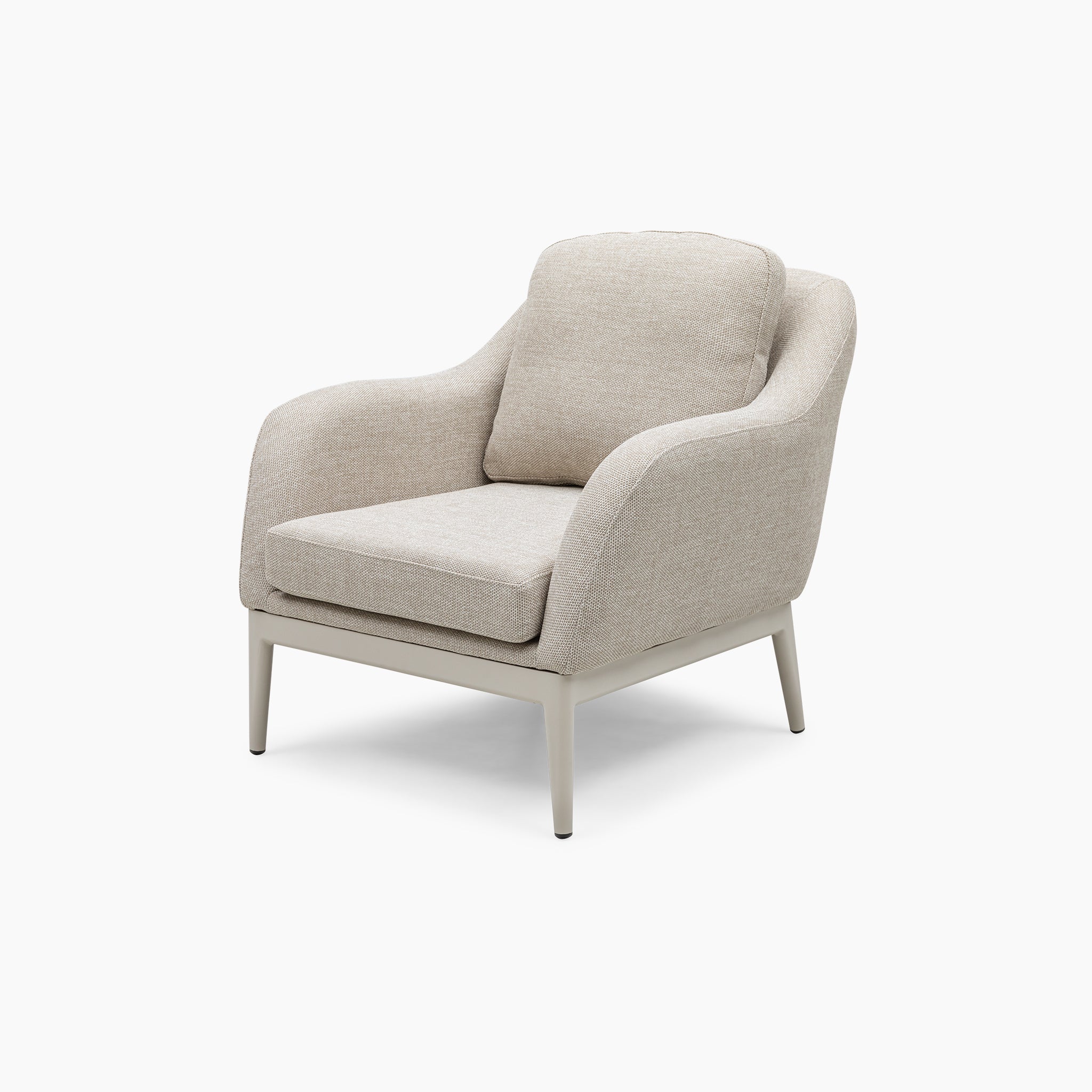 The Luna Armchair in Fawn is an upholstered armchair with a cushioned seat, a curved backrest, and light wooden legs, crafted from all-weather material for durability.