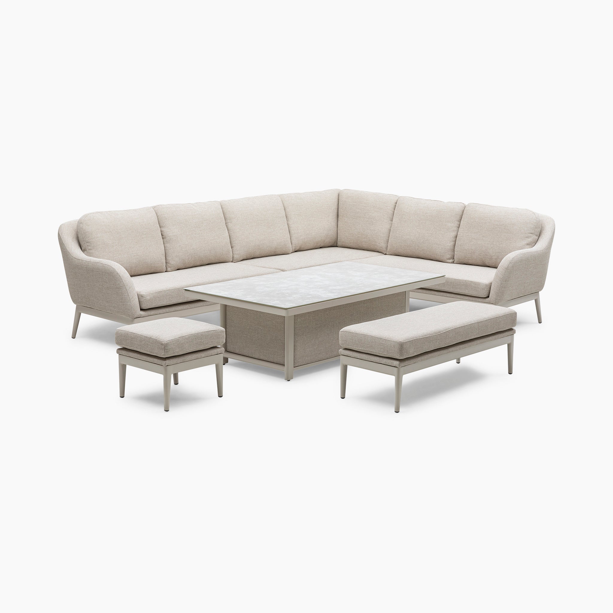 Luna Outdoor Fabric Rectangular Corner Dining Set with Rising Table in Fawn (Right Hand) showcases a maintenance-free sectional sofa set, complete with a coffee table and versatile rising table, elegantly displayed on a white background.