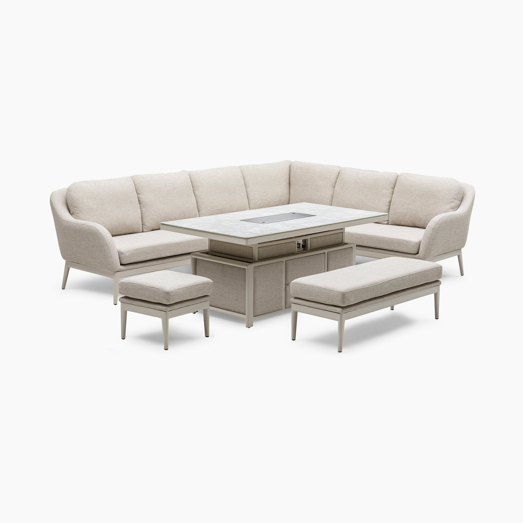 Introducing the Luna Outdoor Fabric Rectangular Corner Dining Set with Rising Firepit Table in Fawn (Right Hand), crafted from all-weather material. It features a stylish beige sectional sofa set, complete with a rectangular table and two benches, all showcased on a white background.