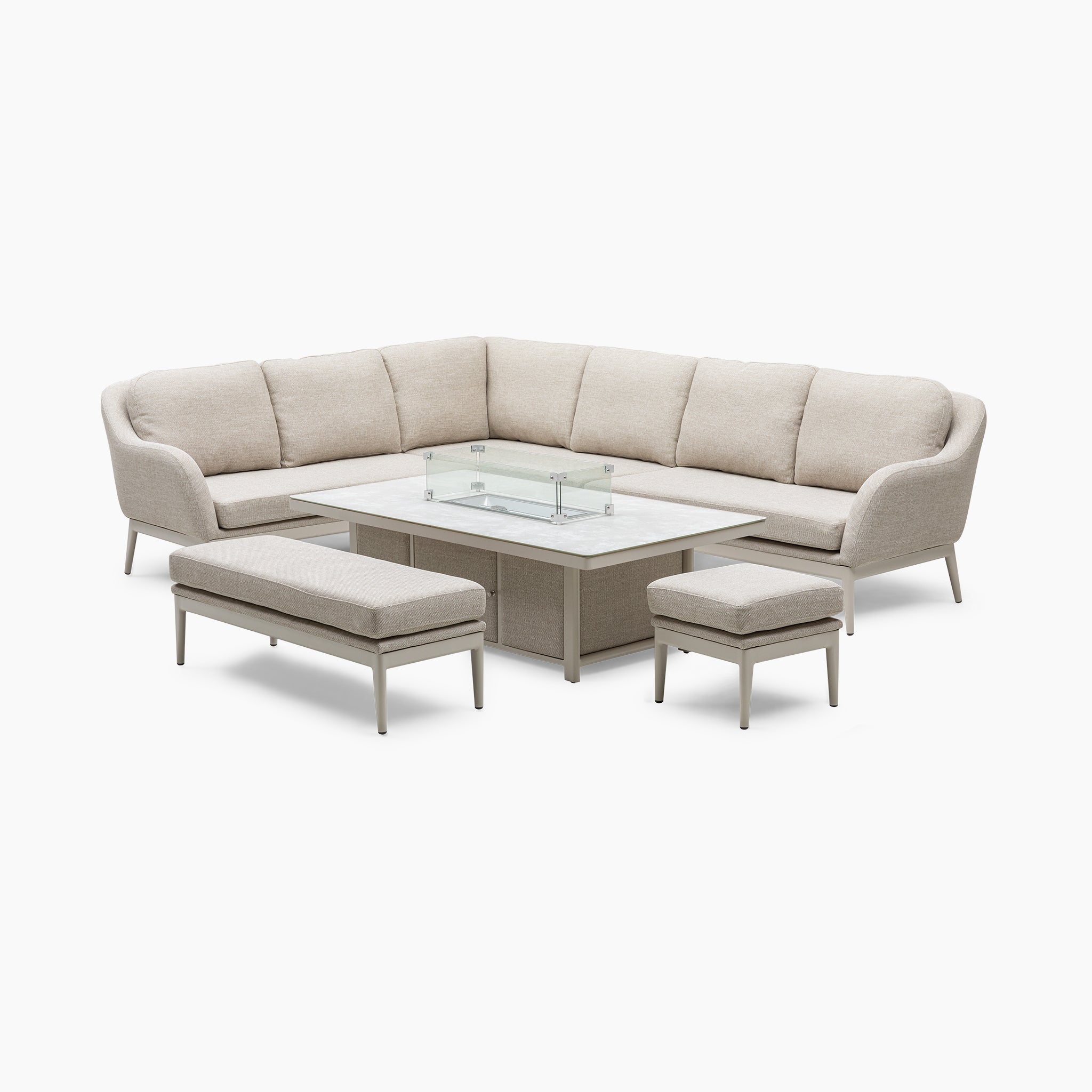 Luna Outdoor Fabric Rectangular Corner Dining Set with Rising Firepit Table in Fawn (Left Hand) featuring beige sectional seating, glass-top coffee table, coordinating bench, and stool on a white background.