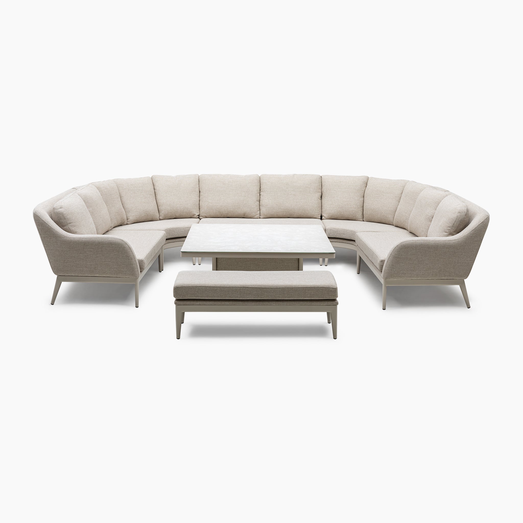 An elegant U-shaped sectional sofa in a soft fawn shade, constructed from weather-resistant materials featuring Luna outdoor fabric, is beautifully paired with a matching bench and a square coffee table. This set is ideally accented by a rising firepit table, infusing warmth and sophistication into your space.