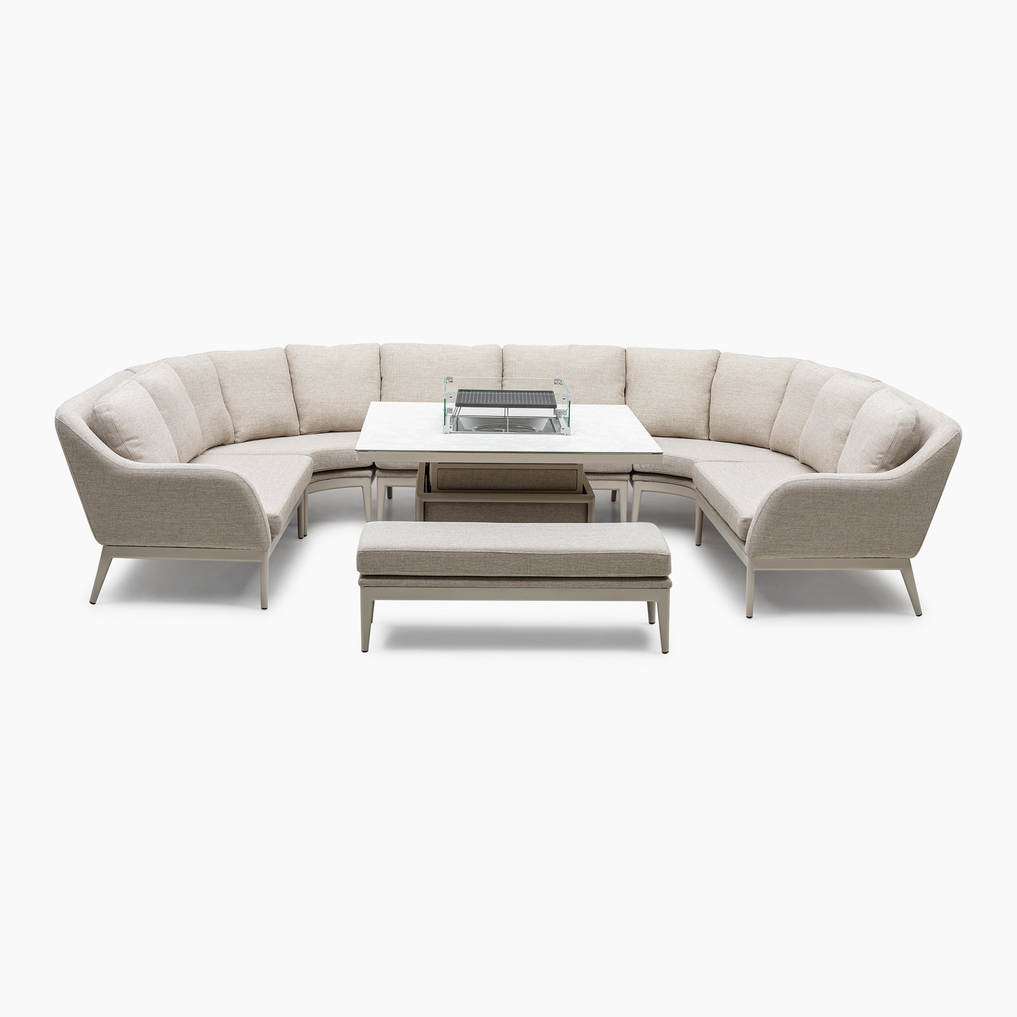 Luna U-shape sectional dining set in fawn fabric, complete with a maintenance-free square coffee table featuring a rising firepit, all set against a white background.