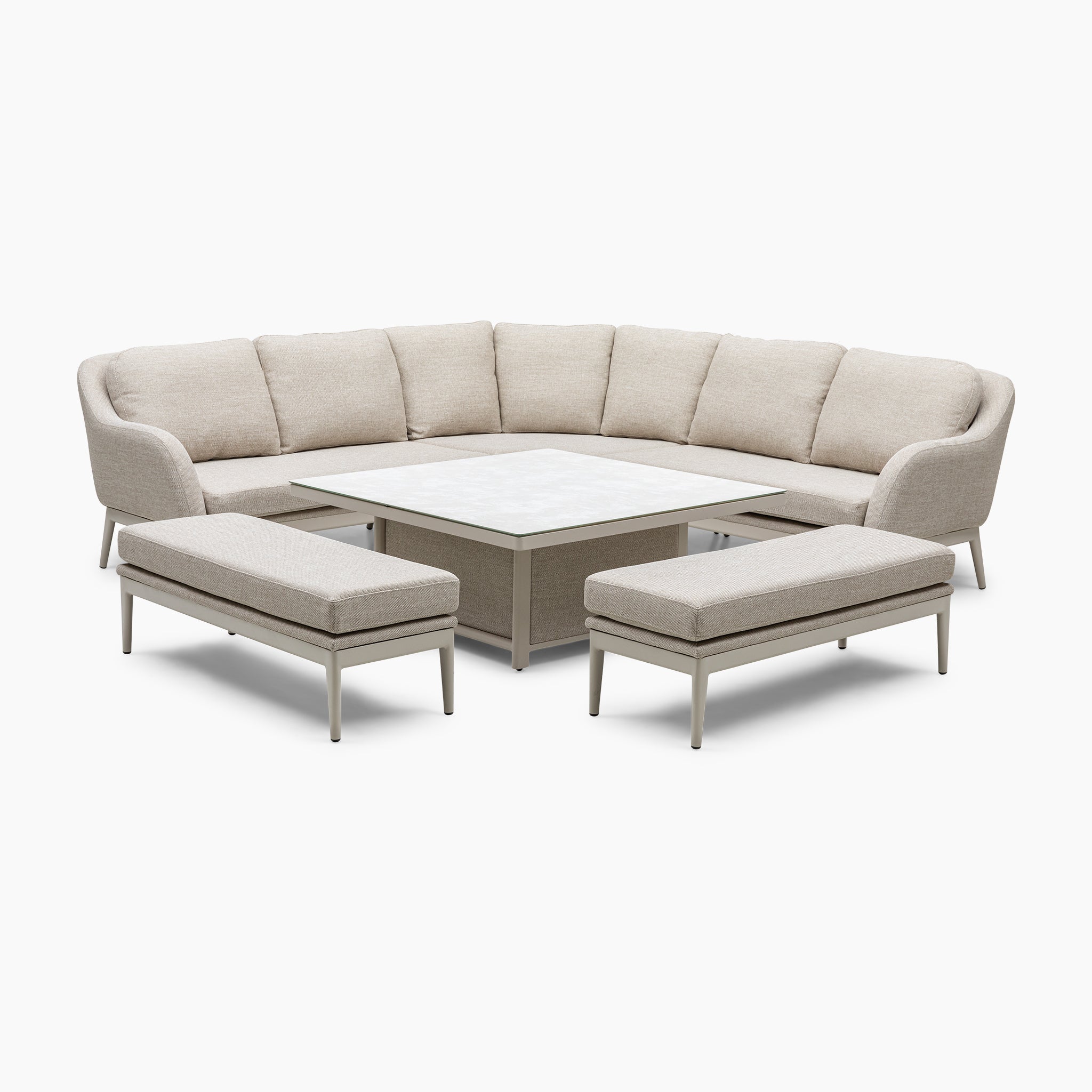 Introducing the Luna Deluxe Outdoor Fabric Square Corner Dining Set with Rising Table in Fawn, a maintenance-free ensemble featuring a modern beige sectional sofa with two matching benches, all crafted from durable outdoor fabric and complemented by a central square table.