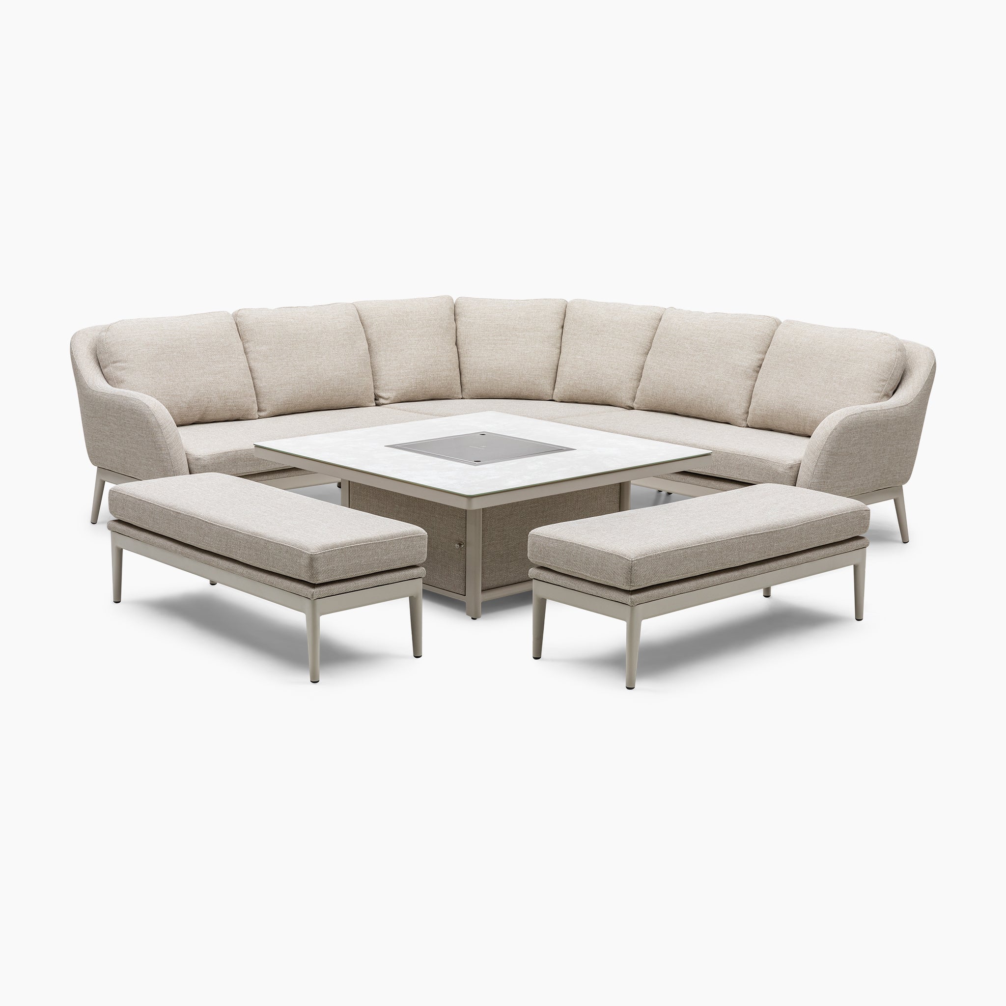 Luna Deluxe Outdoor Fabric Square Corner Dining Set with Rising Firepit Table in Fawn, featuring a fawn-colored sectional sofa, matching square table, and two benches made from maintenance-free materials, all showcased on a white background.