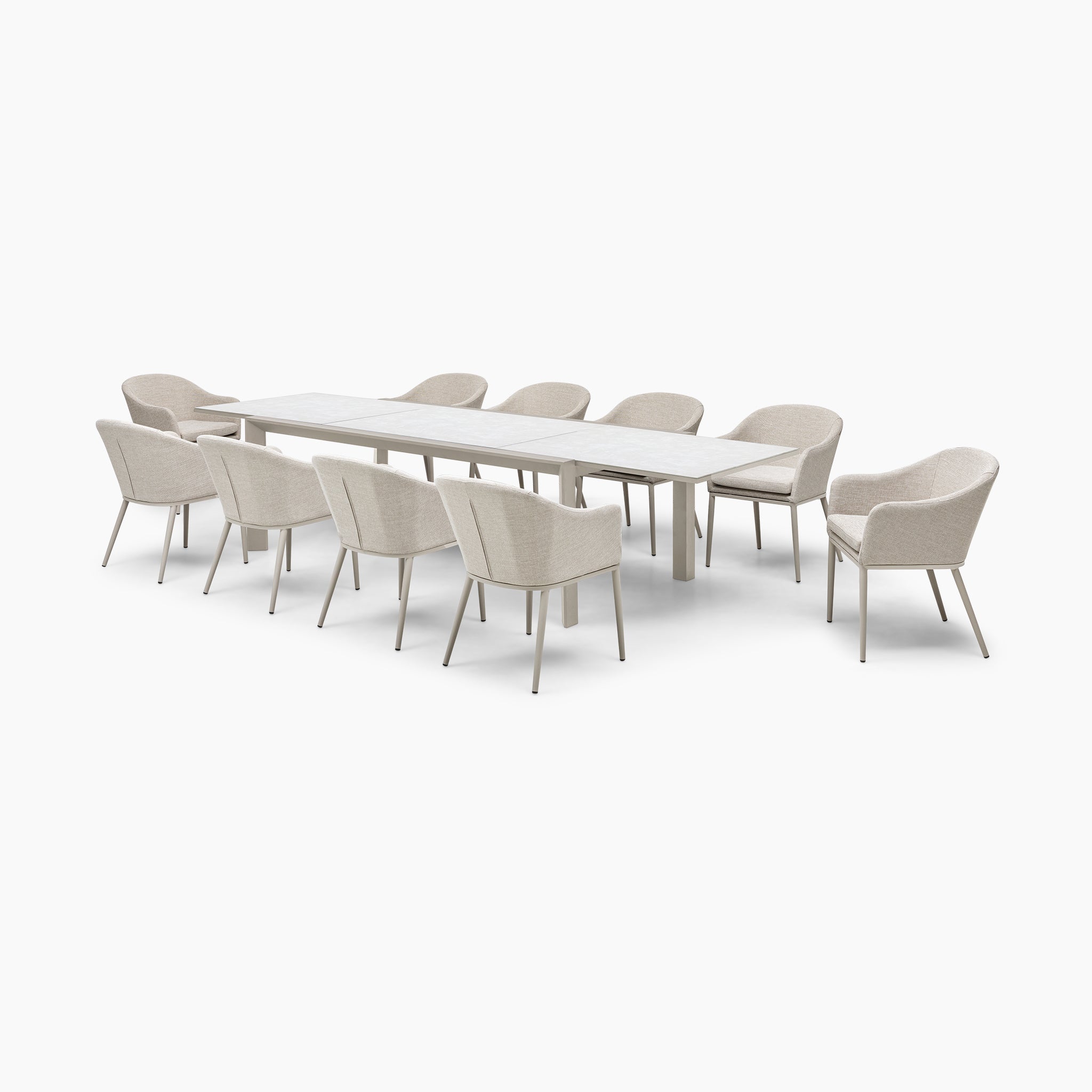 Introducing the Luna 10 Seat Outdoor Fabric Extending Ceramic Dining Set in Fawn, featuring ten upholstered chairs in a sleek and minimalist style, designed with durable all-weather materials.