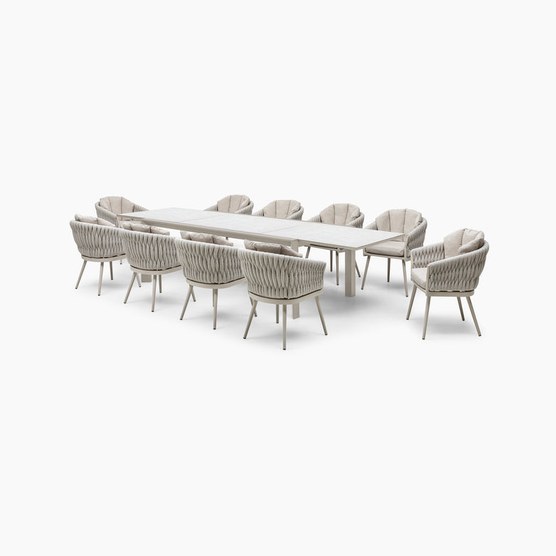 The Palma 10 Seat Rope Extending Dining Set in Latte includes a spacious outdoor table and ten chairs made from UV-resistant Olefin fabric, offering a stylish and durable option for gatherings.