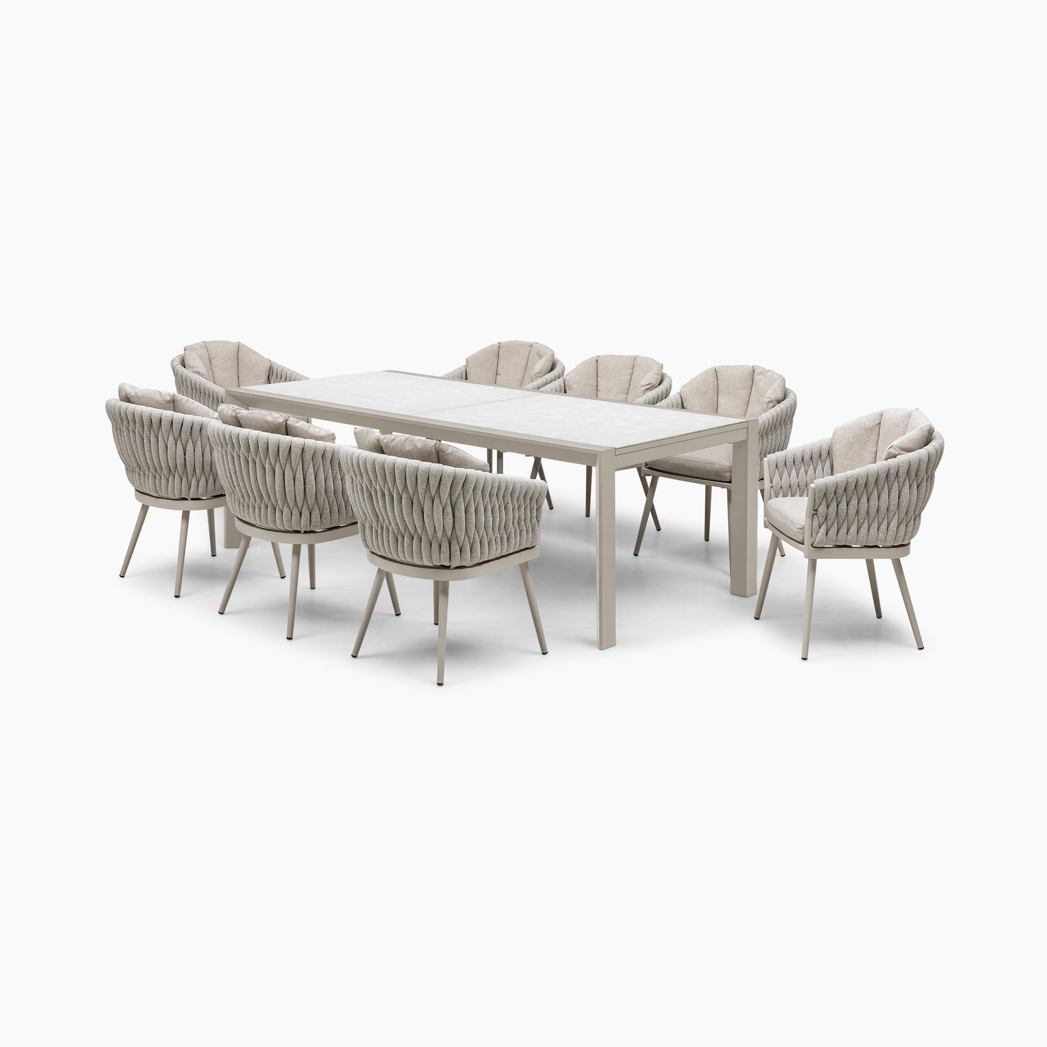 The Harbour Lifestyle Palma collection's 8 Seat Rope Extending Dining Set in Latte includes a sleek white rectangular table and eight cushioned chairs with woven backs, ideal for outdoor dining enthusiasts.