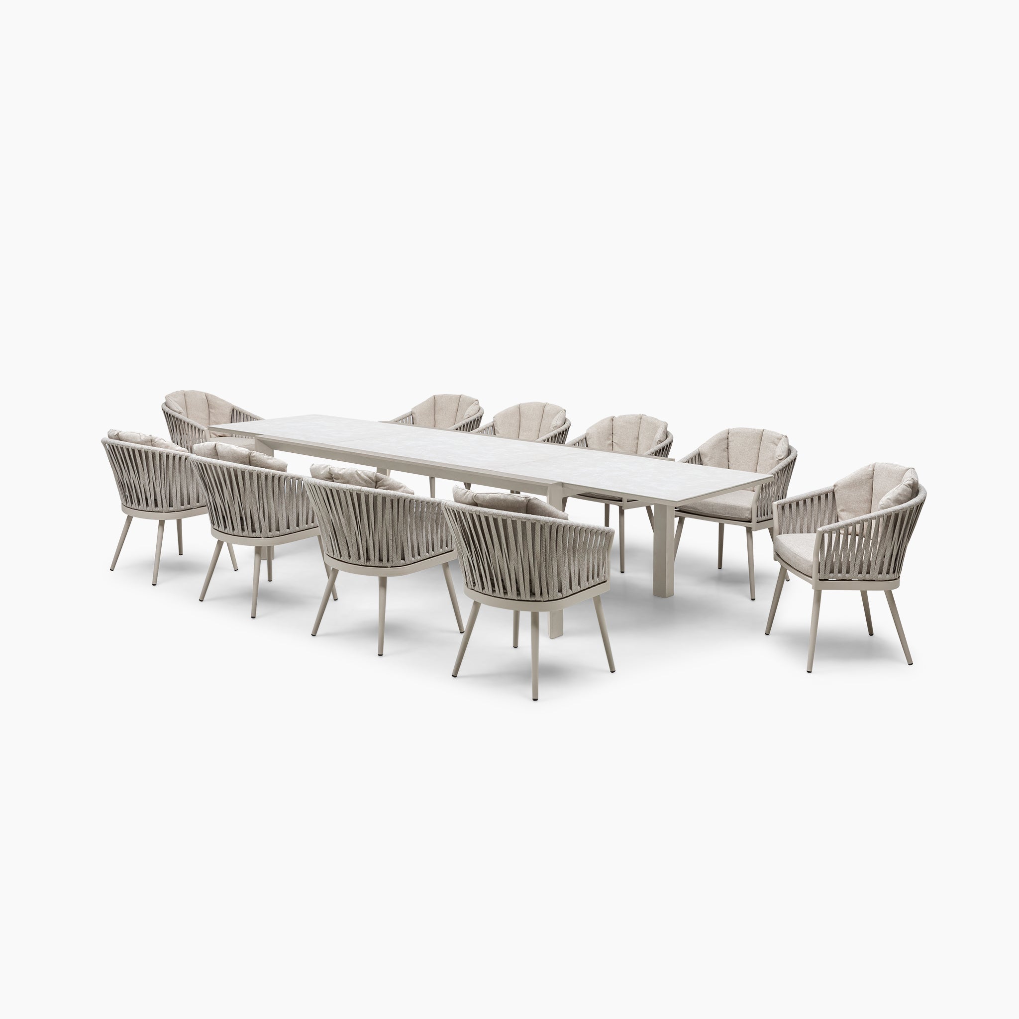 The Monterrey 10 Seat Rope Extending Dining Set in Latte includes a modern, minimalist dining table with ten cushioned chairs made from durable Olefin fabric for lasting comfort and elegance.