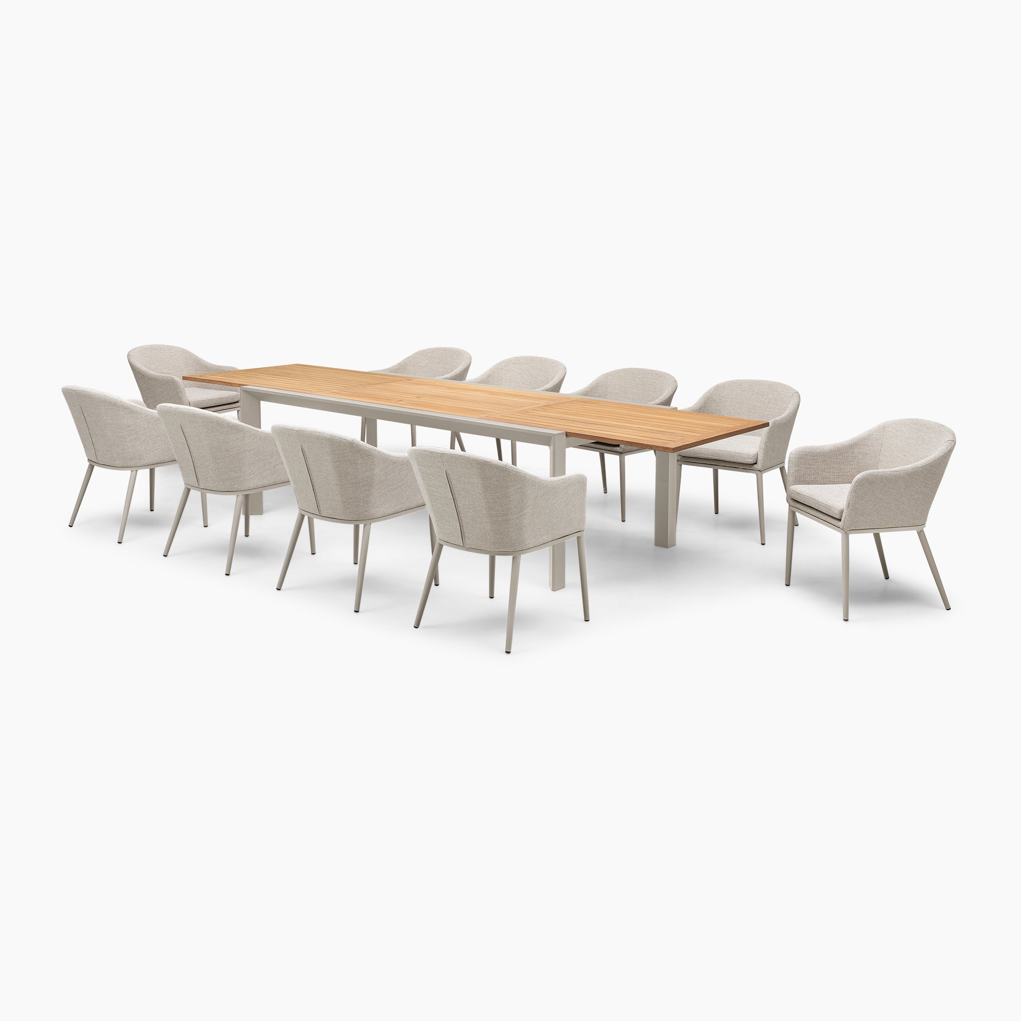 The Luna 10 Seat Outdoor Fabric Extending Teak Dining Set in Fawn includes a maintenance-free, extending teak table and ten upholstered chairs in sleek outdoor fabric, all set against a pristine white backdrop.