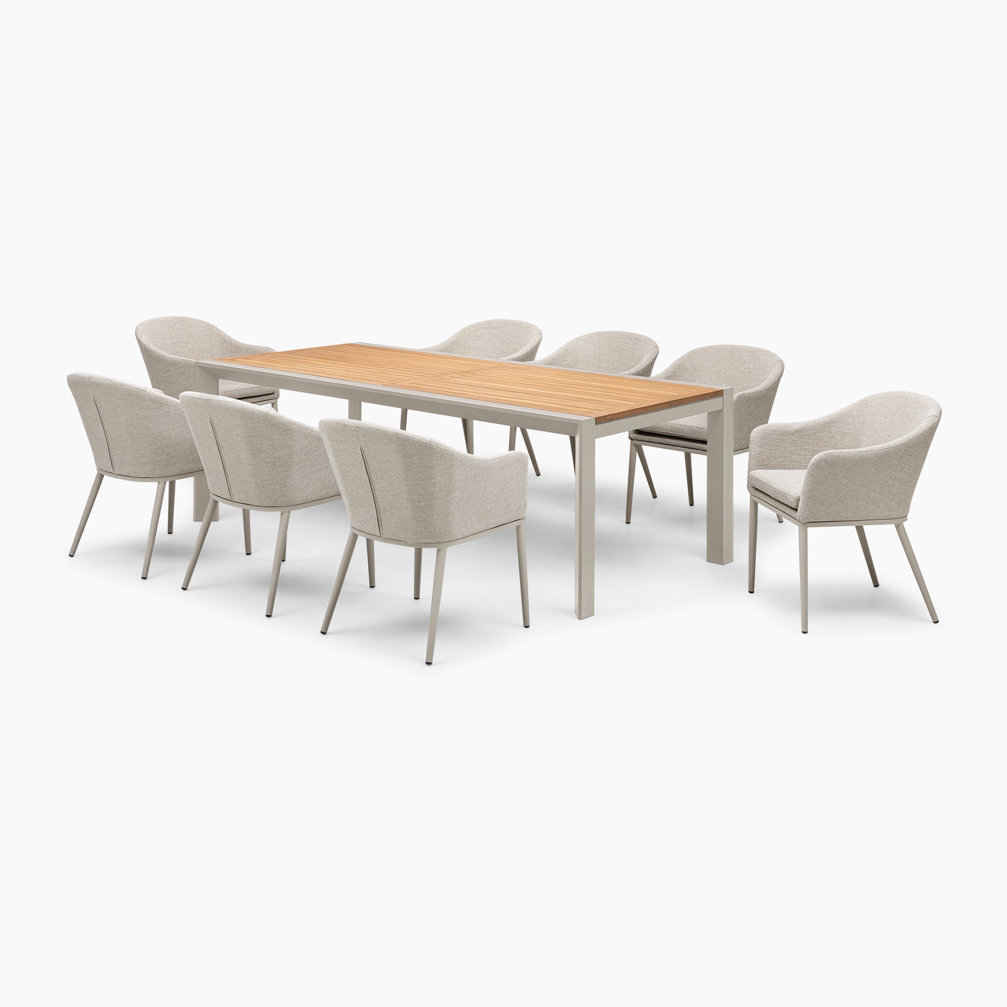 The Luna 8 Seat Outdoor Fabric Extending Teak Dining Set in Fawn showcases a contemporary design with a wooden top and eight upholstered chairs made from stain-proof outdoor fabric, all elegantly displayed against a white backdrop.