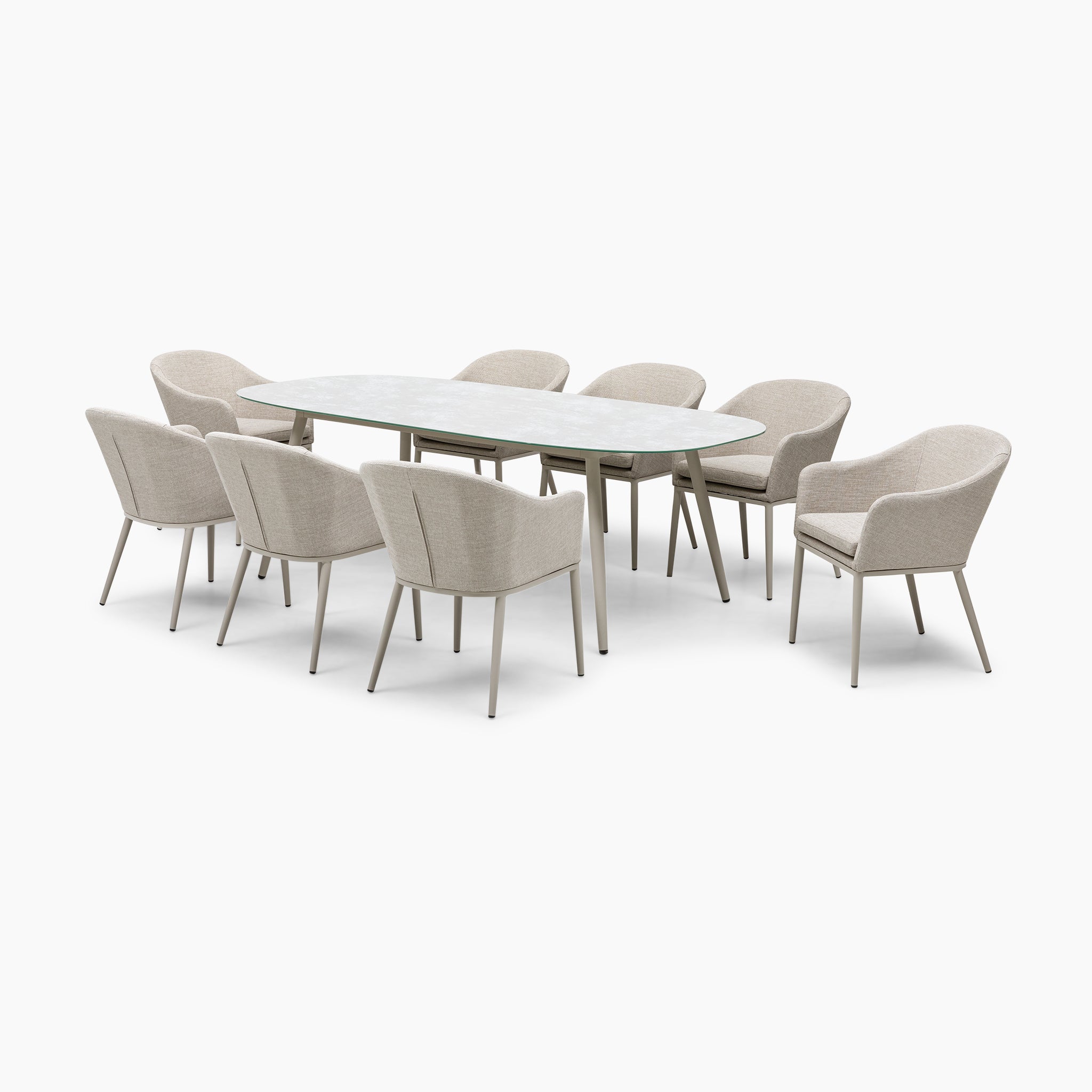 The Luna 8 Seat Outdoor Fabric Oval Ceramic Dining Set in Fawn features a spacious design with weather-resistant cushioned chairs arranged around an oval dining table, all in a subtle neutral tone.