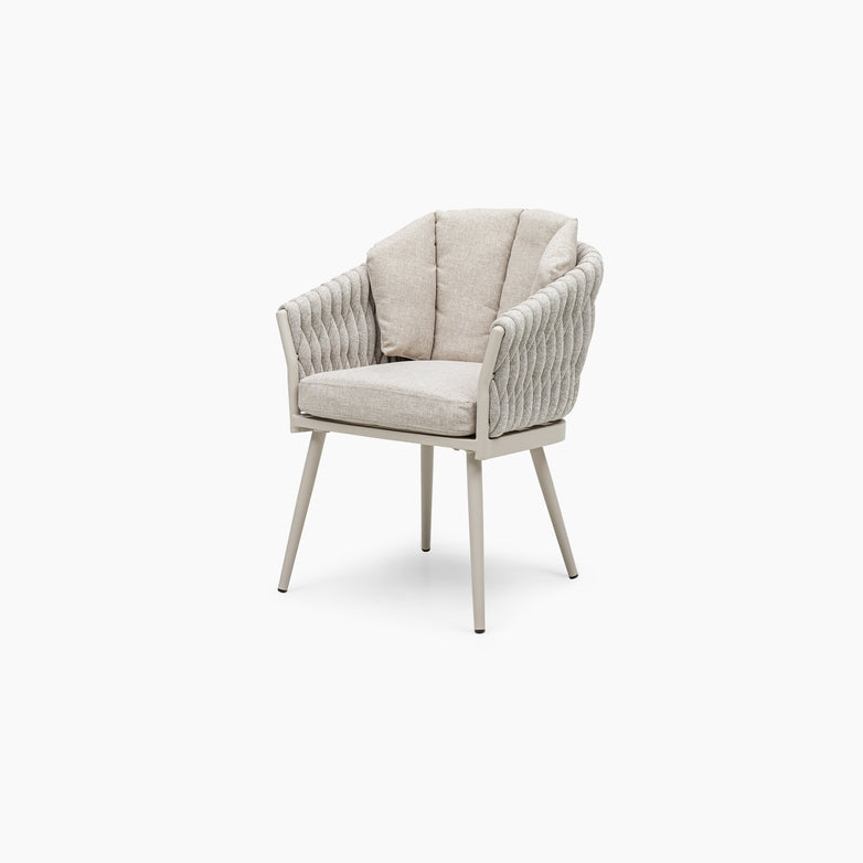 The Harbour Lifestyle Palma cushioned beige chair, with its modern design and textured backrest, is perfect for complementing outdoor dining furniture. Ideal for pairing with the Palma 8 Seat Rope Extending Dining Set in Latte, it adds style and comfort to any patio or deck.