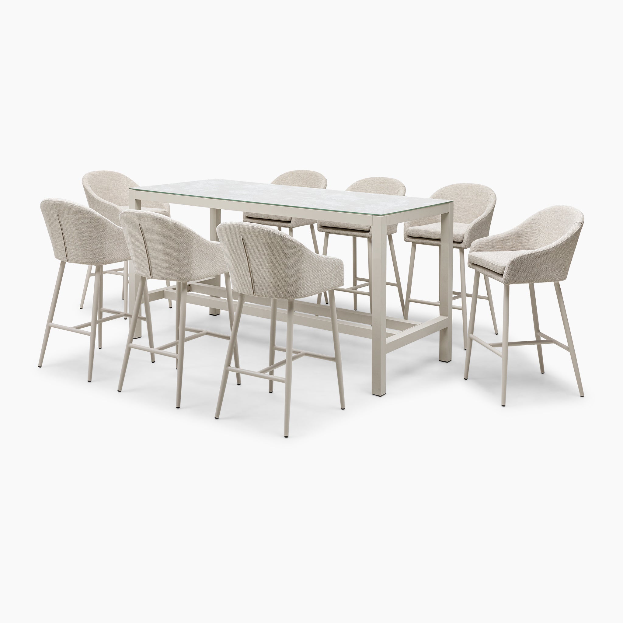 Introducing the Luna 8 Seat Bar Set in Fawn—a contemporary dining ensemble featuring a rectangular table and eight cushioned chairs, all upholstered in light beige outdoor fabric with sturdy metal frames, ideal for any event.