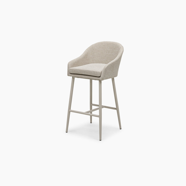 Introducing the Luna Outdoor Fabric Bar Stool in Fawn: A contemporary bar stool with a cushioned seat and backrest on a sturdy metal frame, designed with stain-proof outdoor fabric for carefree use.