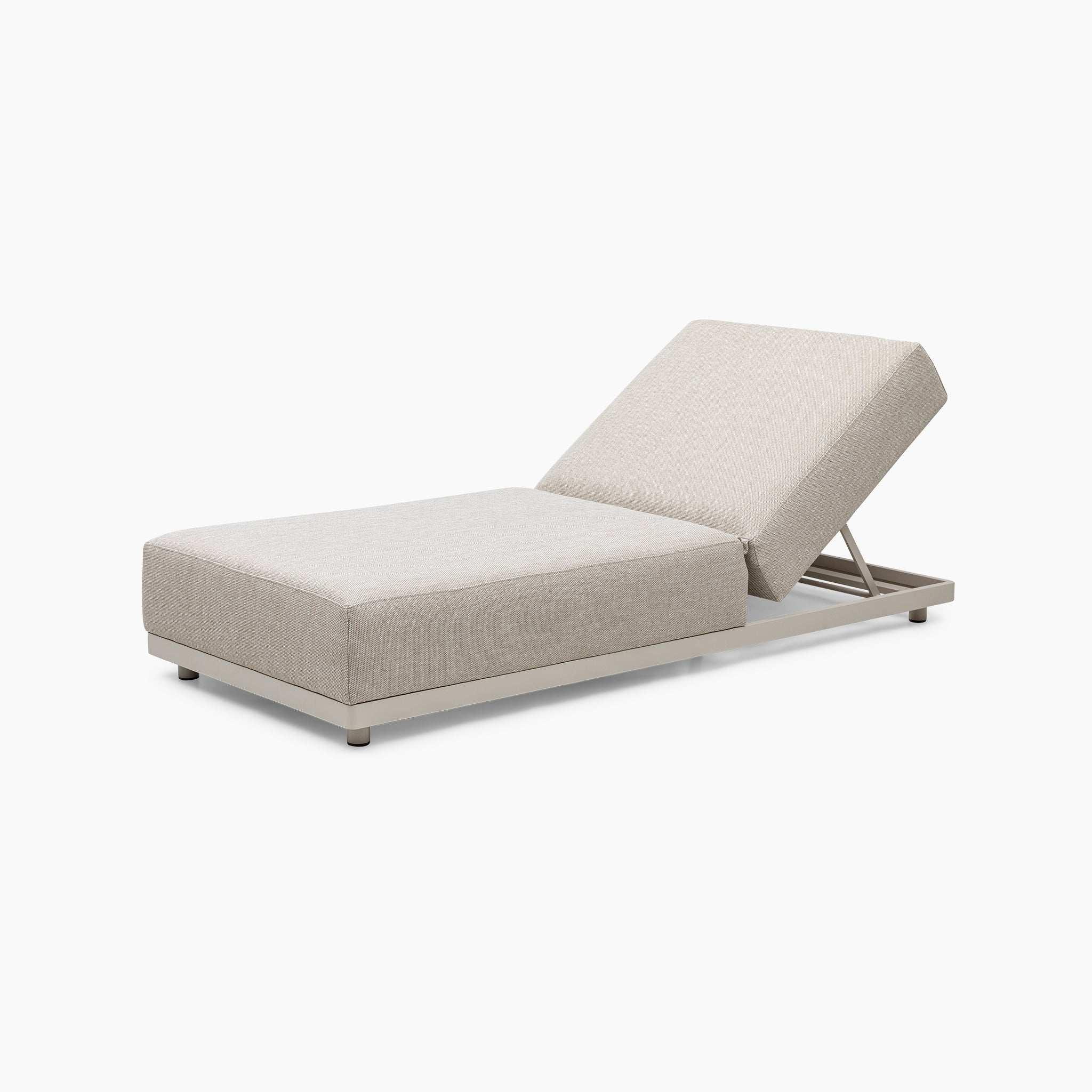 The Luna Outdoor Fabric Deluxe Sun Lounger in Fawn features a durable aluminum frame and adjustable backrest, complete with a bolster cushion, showcased on a white background.