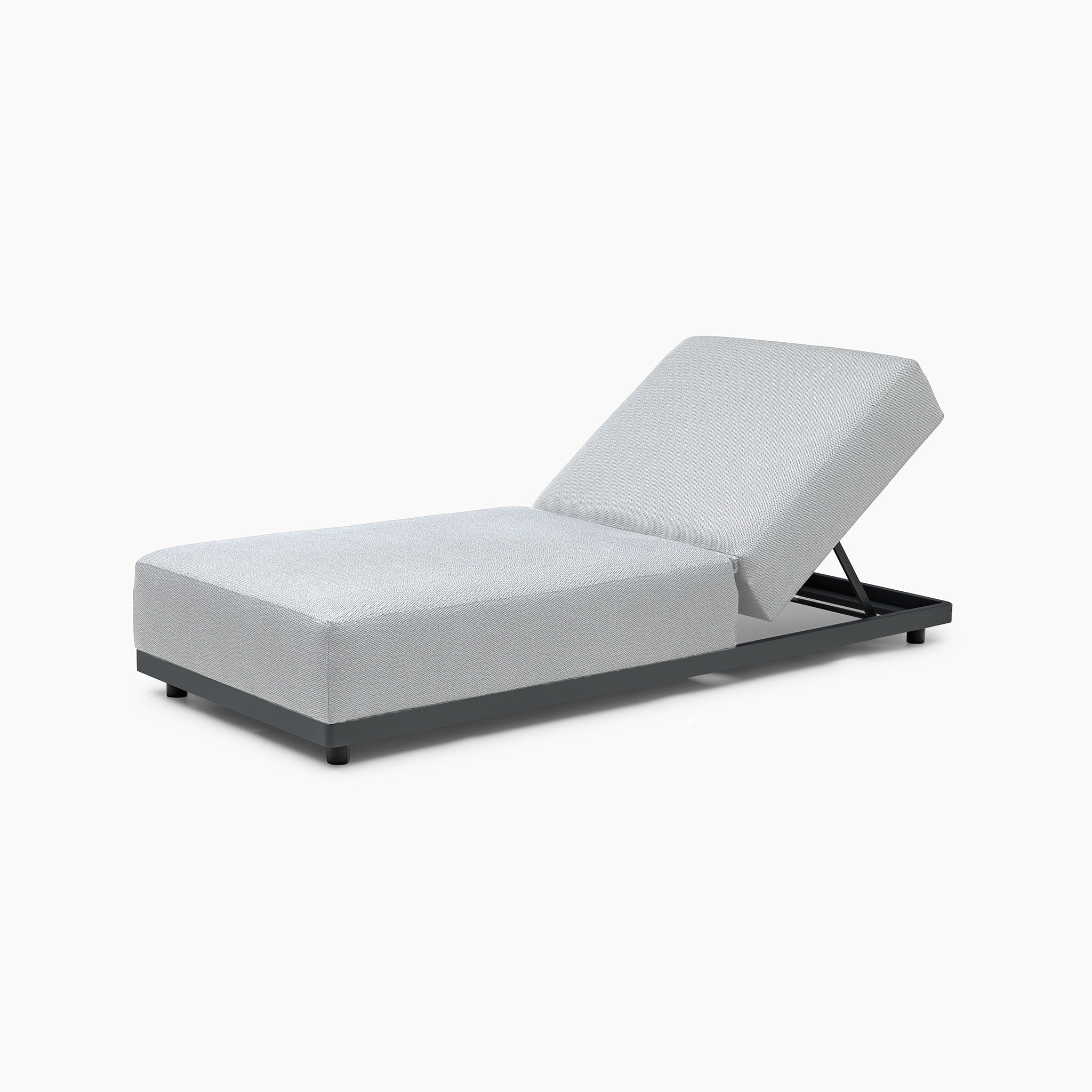 Oyster Grey Luna Outdoor Fabric Deluxe Sun Lounger with Bolster Cushion featuring an adjustable backrest on a white frame.