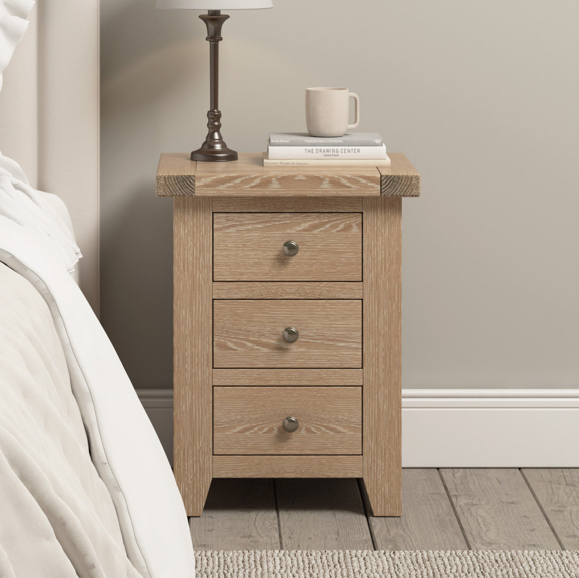 Burford 3 Drawers Bedside Table in Natural Oak