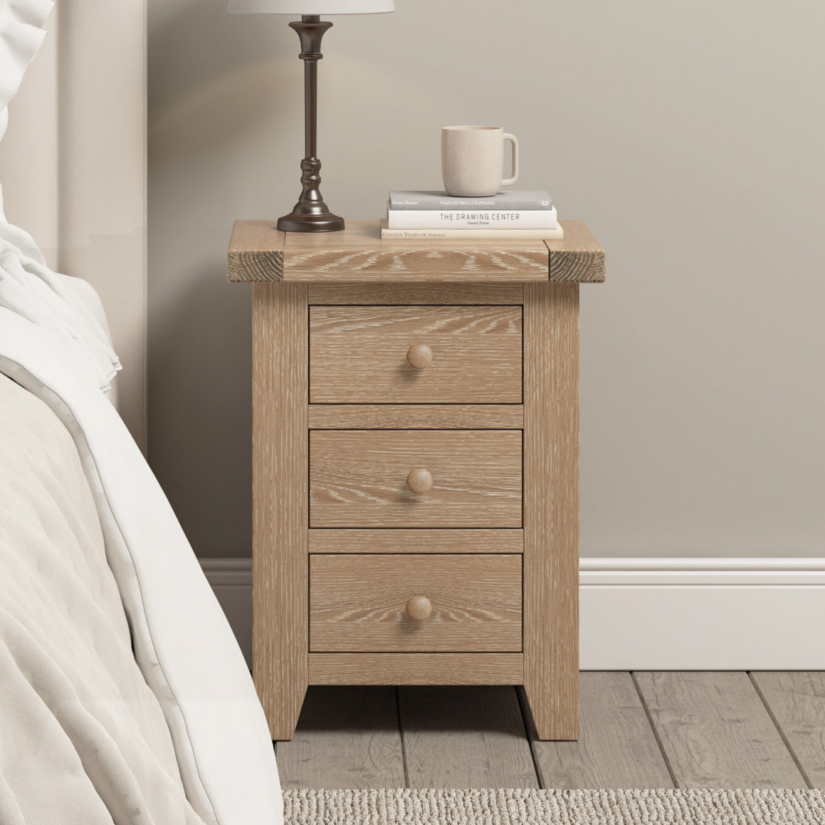 Burford 3 Drawers Bedside Table in Natural Oak