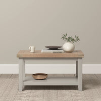 The Burford Large Coffee Table with Shelf in pebble grey serves as a minimalist centerpiece, adorned with books, a mug, and a bowl. A vase with greenery adds life atop its natural oak surface, all beautifully set against a light carpeted floor.