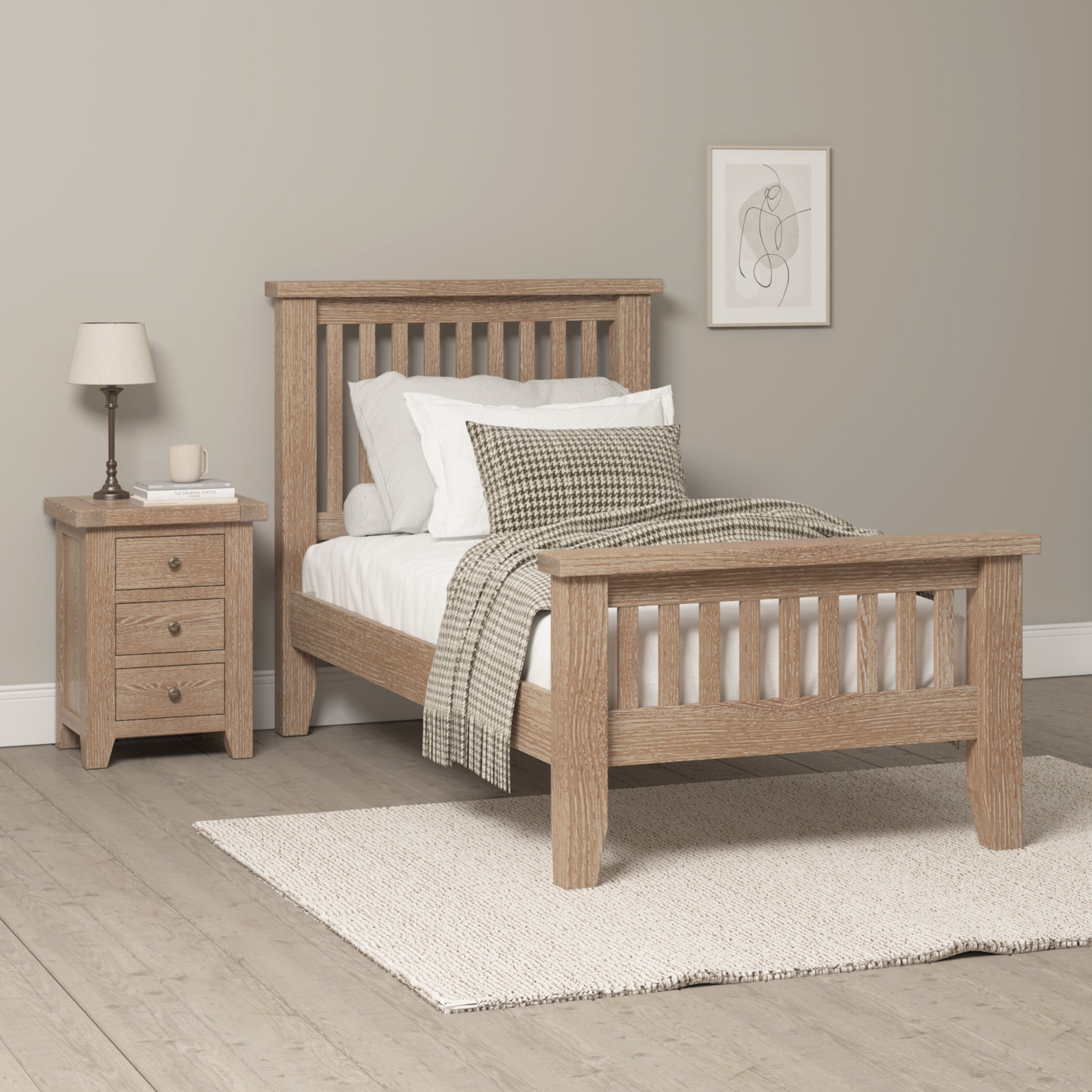 A cozy bedroom featuring a Burford 3ft High-End Single Bed Frame in Natural Oak, complemented by a wooden nightstand, lamp, and decorative artwork on the wall in neutral tones.