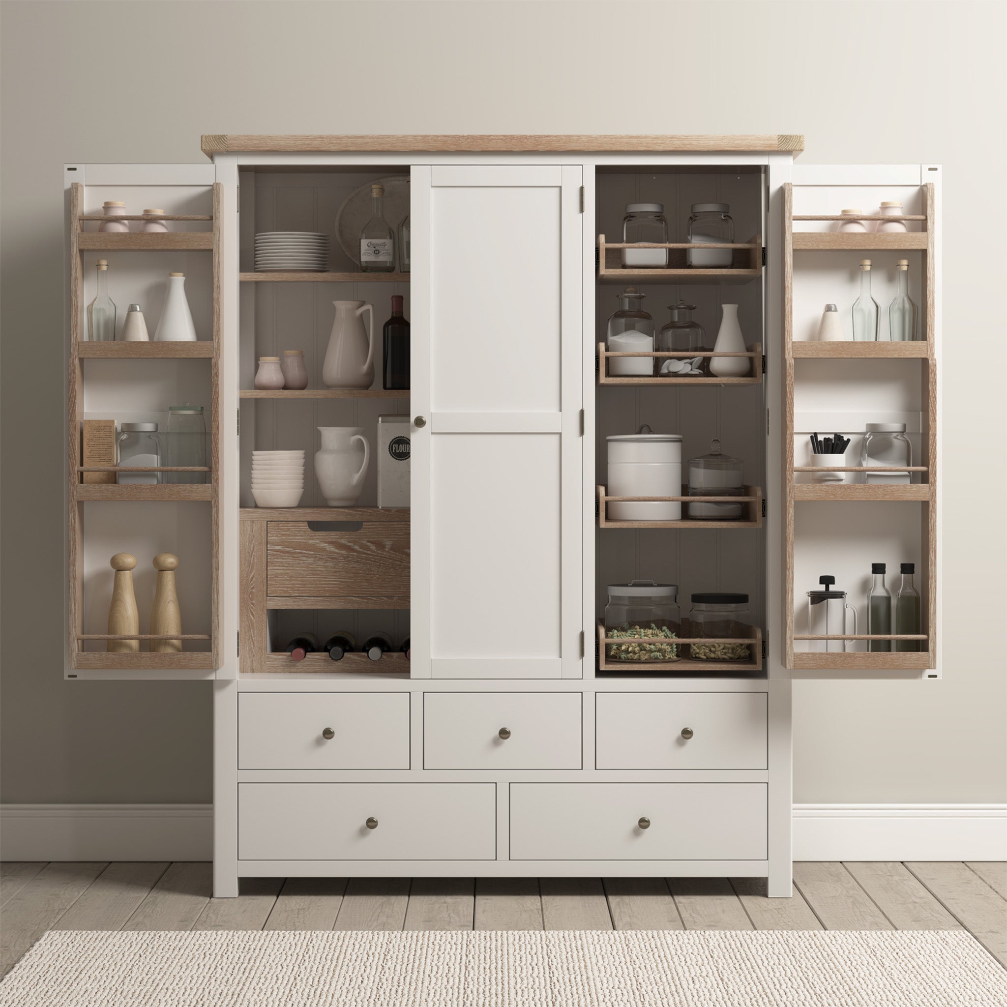 The Burford Triple Larder Unit in Warm White, with its open doors, beautifully displays dishes, spices, and kitchenware, highlighting its versatile storage capabilities.