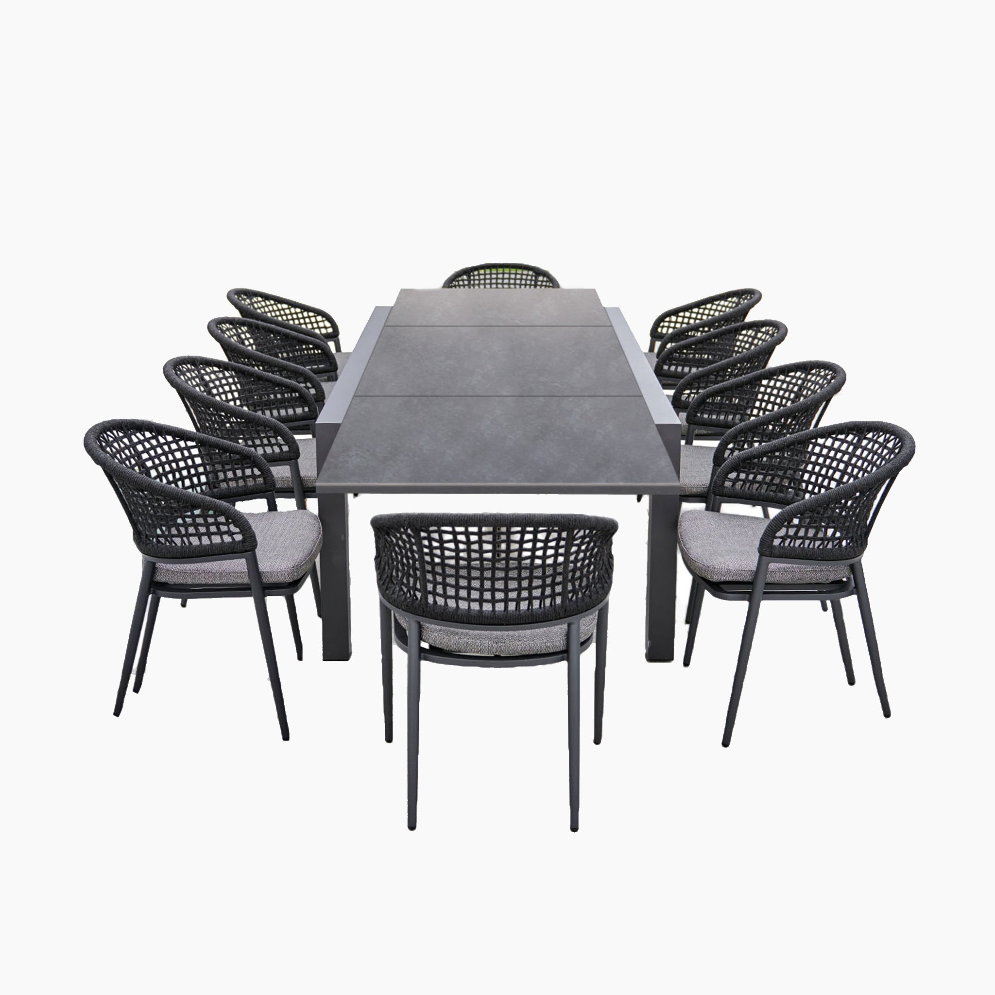 Kalama 8 Seat Rectangular Extending Dining Set with Ceramic Table in Charcoal