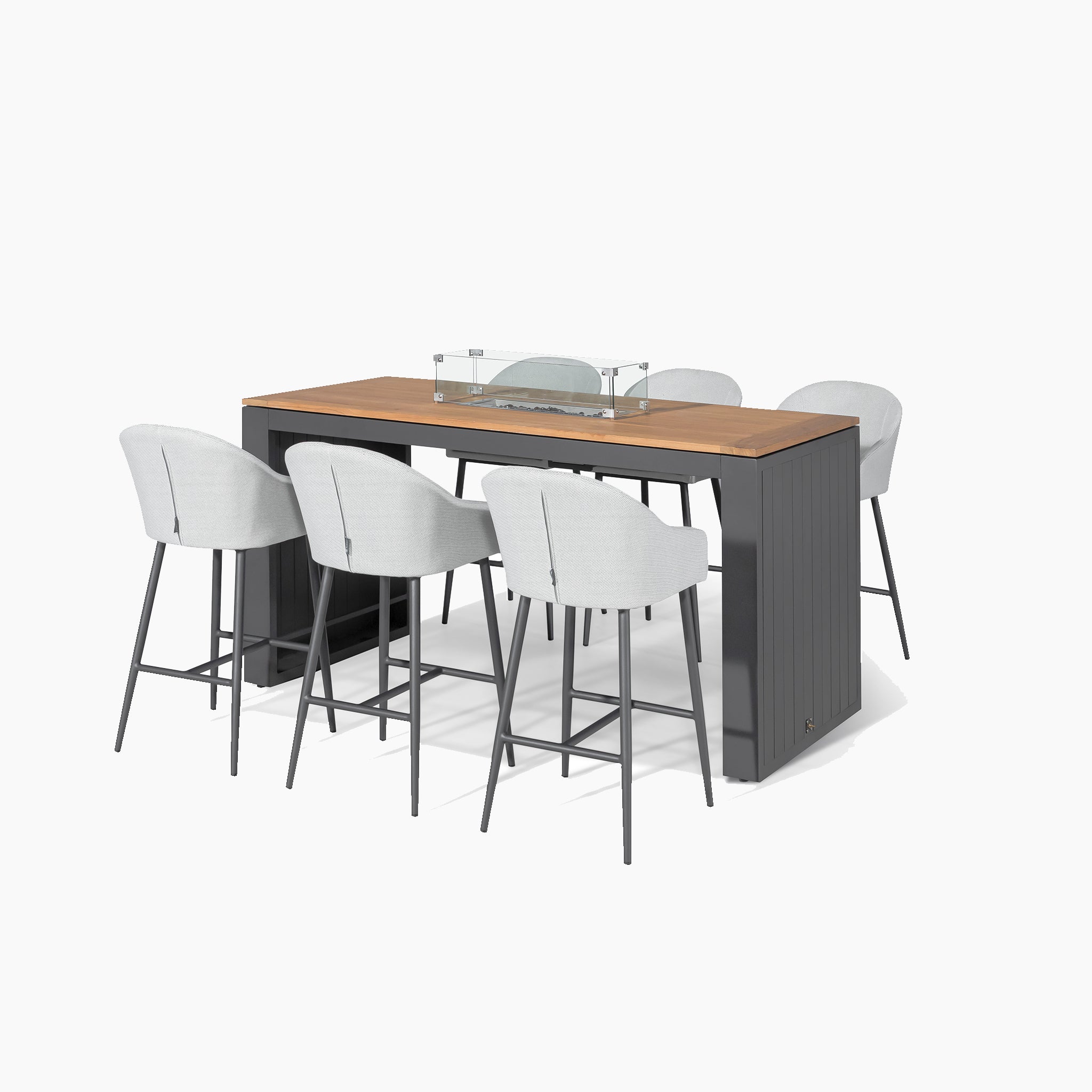 The Luna 6 Seat Outdoor Fabric Teak Firepit Bar Set in Oyster Grey is a modern high table with a wooden top and six gray upholstered bar stools, featuring a glass centerpiece, crafted from all-weather material.