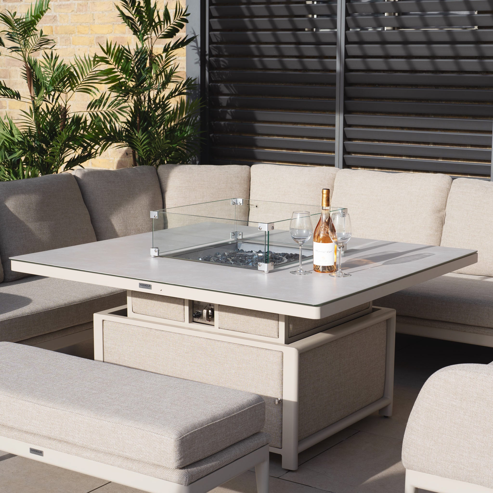 Luna U-Shape Outdoor Fabric Corner Dining with Rising Firepit Table in Fawn