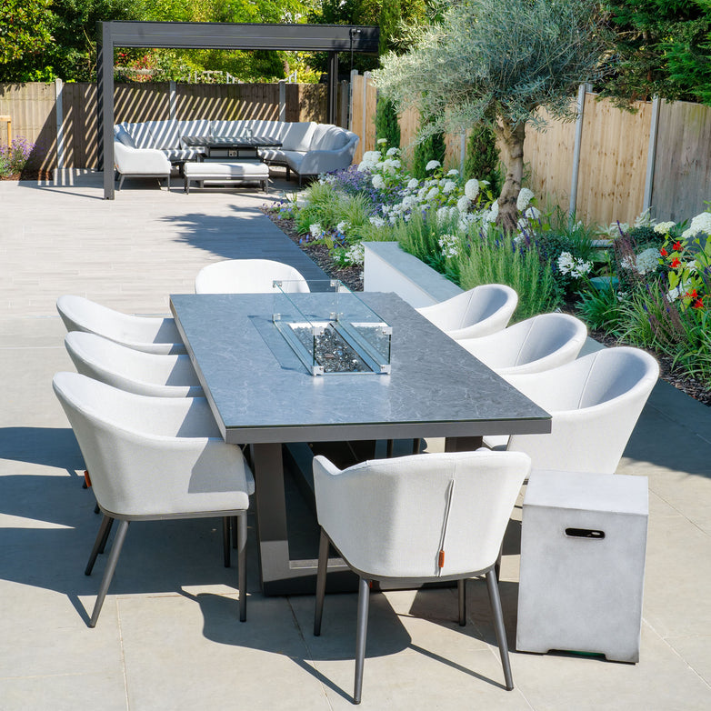Luna 8 Seat Outdoor Fabric Rectangular Ceramic Firepit Dining Set in Oyster Grey