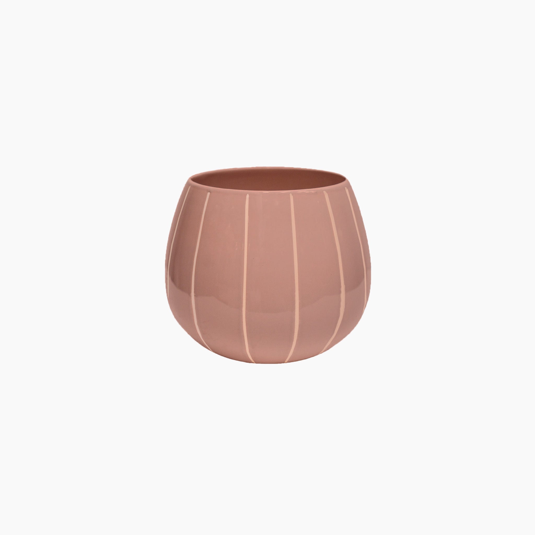 The Nova Wax Relief Rose Planter, a round, ribbed, light brown ceramic vase with a shiny finish against a plain white background, doubles perfectly as a handmade ceramic planter.