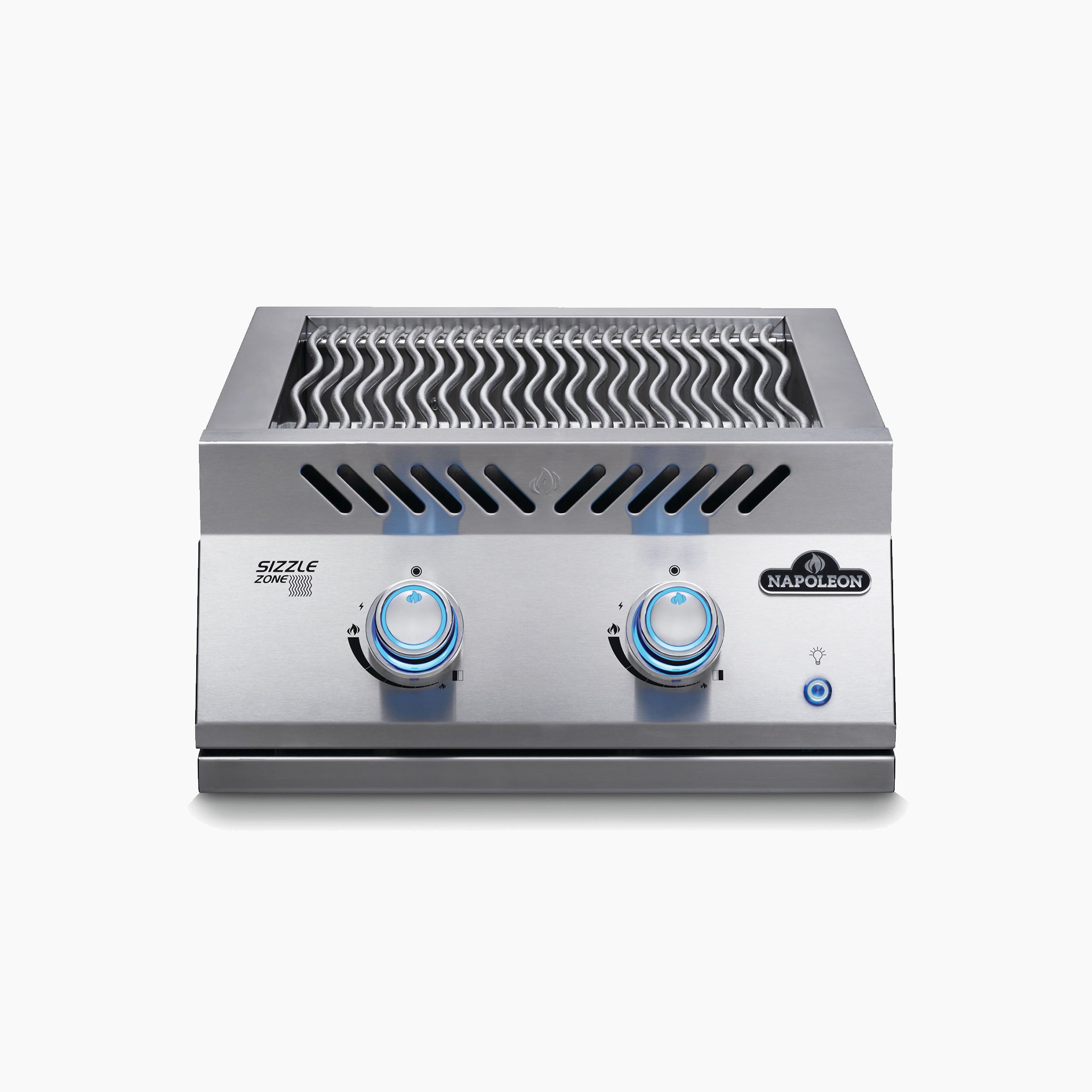 Napoleon 700 Series 18" Built-in Dual Infrared Burner with two blue-lit control knobs, a wavy grill surface, and JETFIRE™ instant ignition on a white background.