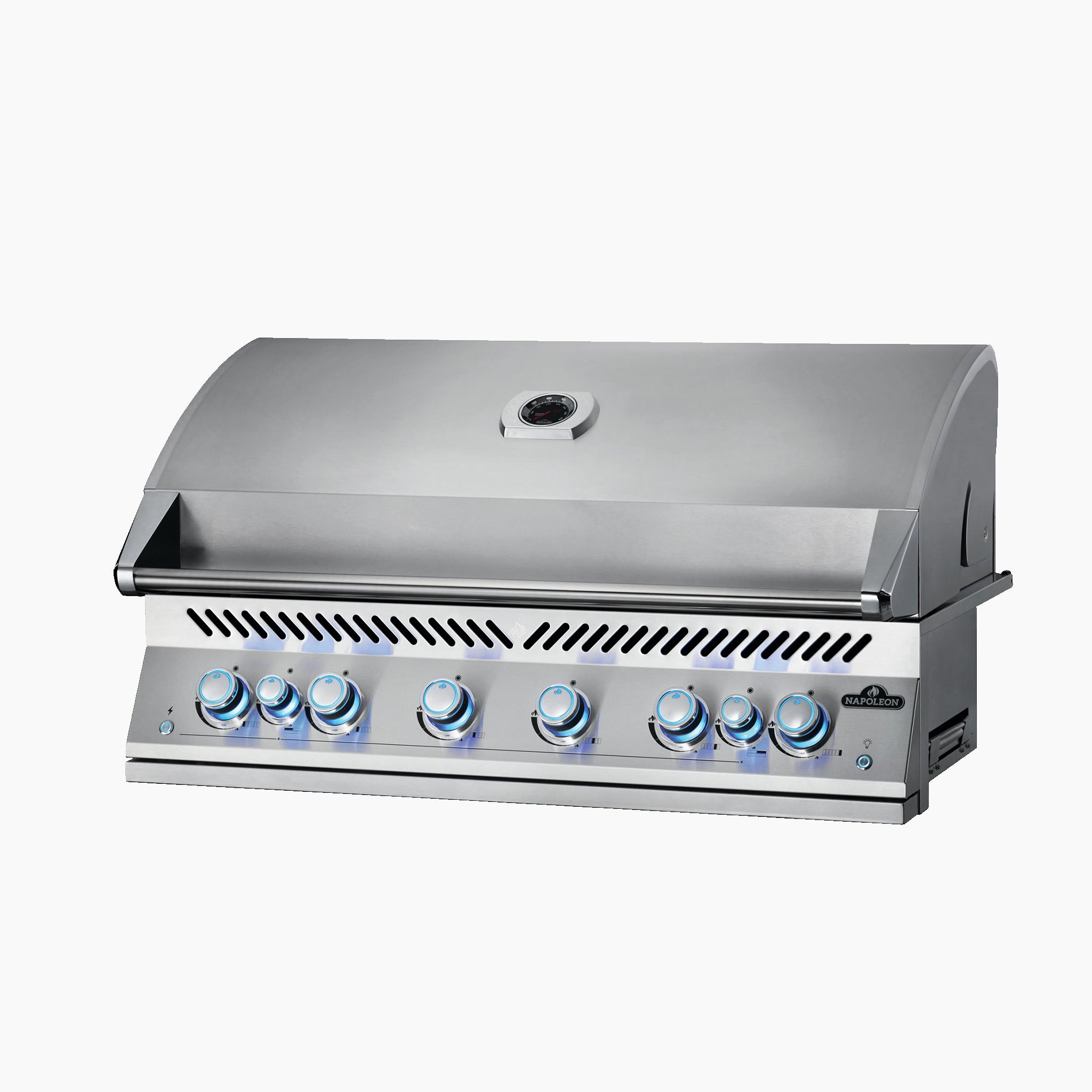 Here's the revised sentence incorporating the provided product data:

A Napoleon 700 Series 44" Built-in Gas Grill, made of stainless steel, featuring six control knobs, a thermometer on the lid, and infrared burners, set against a white background.