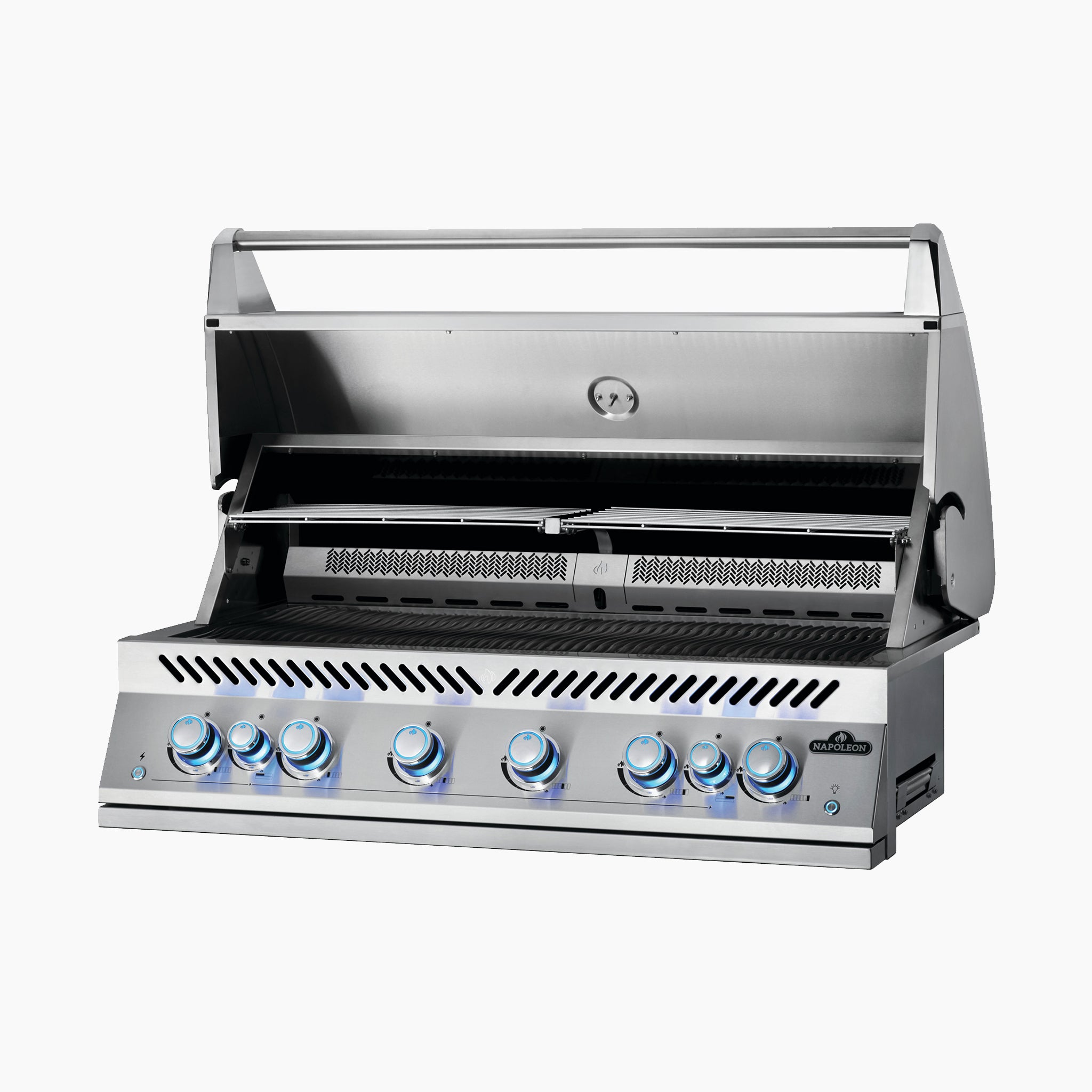 The Napoleon 700 Series 44" Built-in Gas Grill, made of stainless steel, comes with six control knobs, infrared burners, and an open lid that showcases the grilling surface.