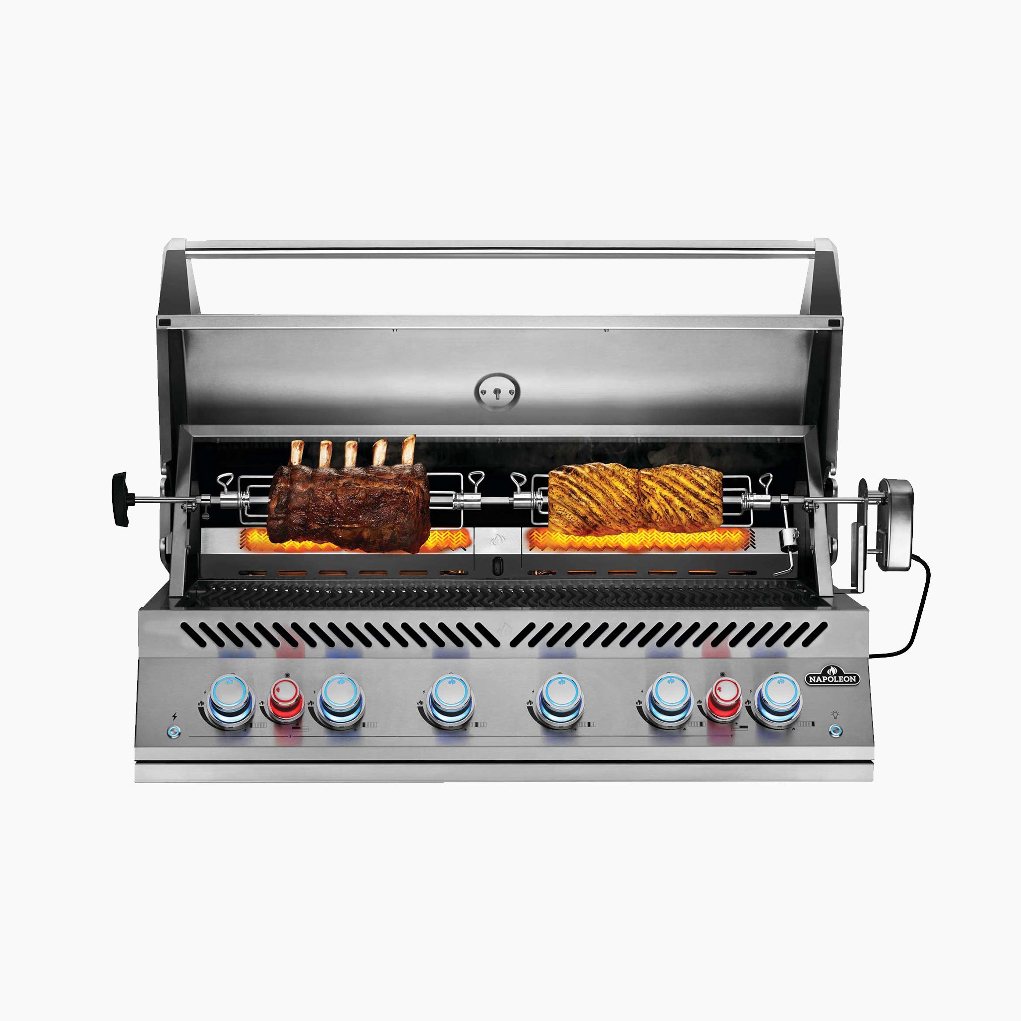 The Napoleon 700 Series 44" Built-in Gas Grill offers stainless steel construction, a rotisserie for cooking meat and vegetables, five control knobs, infrared burners, and blue indicator lights.