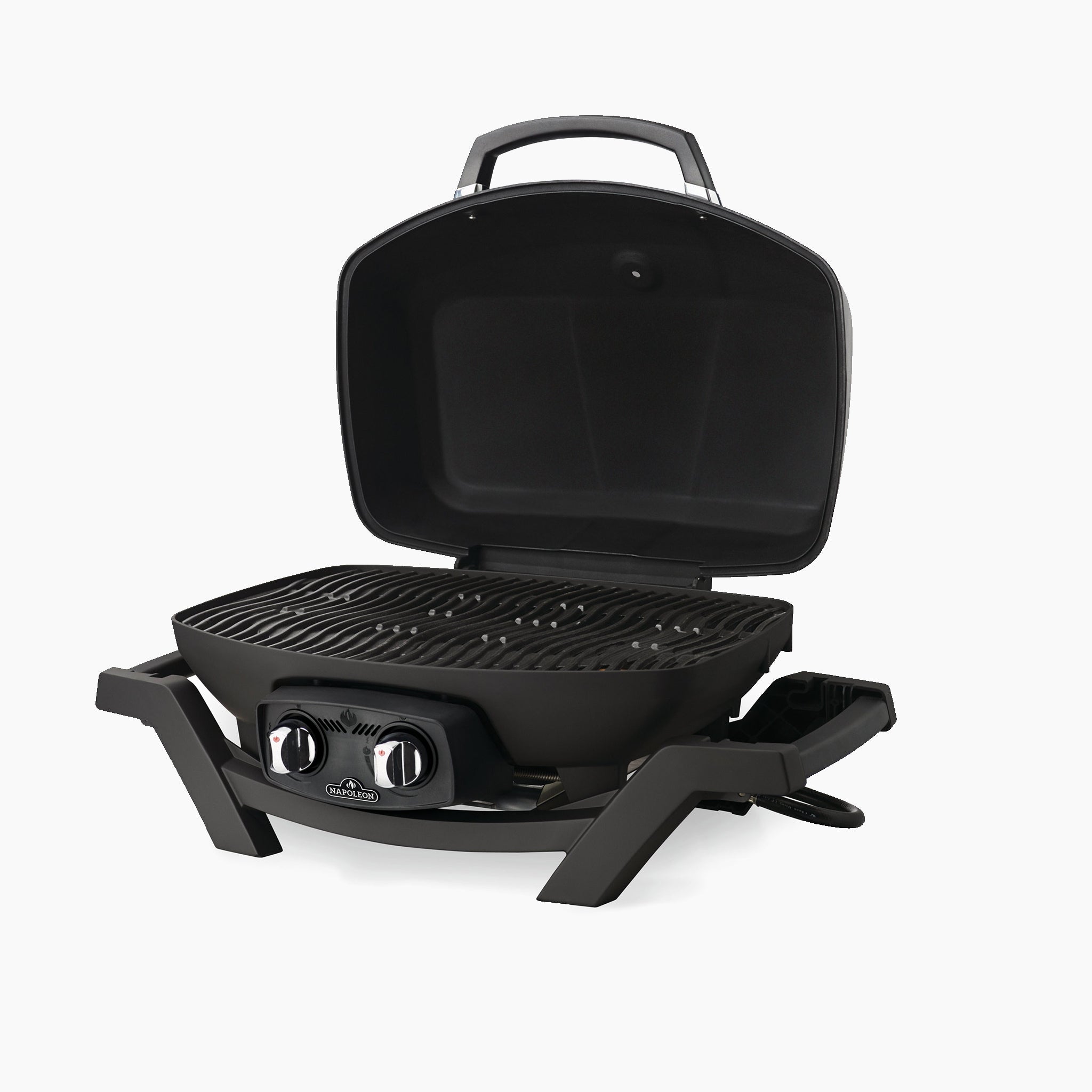 The Napoleon TravelQ Pro 285 Portable Gas Barbecue is a sleek, portable gas grill with its lid open, showcasing the ample grilling surface and precise control knobs—perfect for on-the-go cooking.