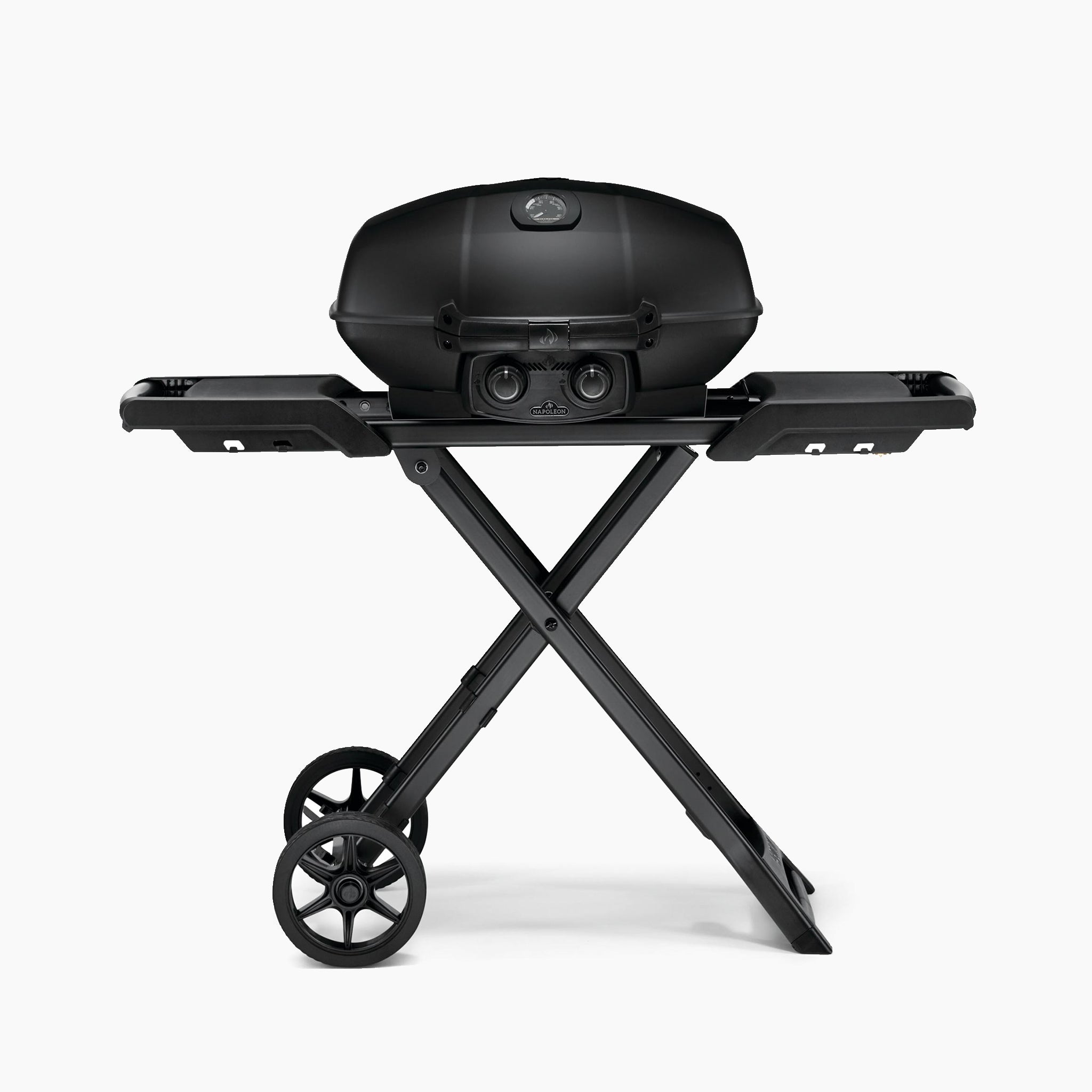 The Napoleon Phantom TravelQ Pro 285X Portable Gas Barbecue on a foldable stand with wheels boasts side trays and a sleek design against a white backdrop.