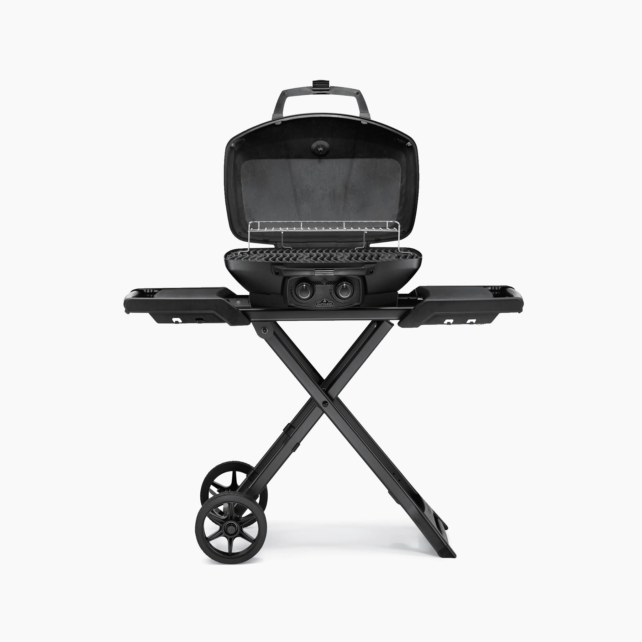 Introducing the Napoleon Phantom TravelQ Pro 285X Portable Gas Barbecue: a sleek, portable propane gas grill on a collapsible stand with wheels and convenient fold-out side tables, perfect for gourmet portable grilling.