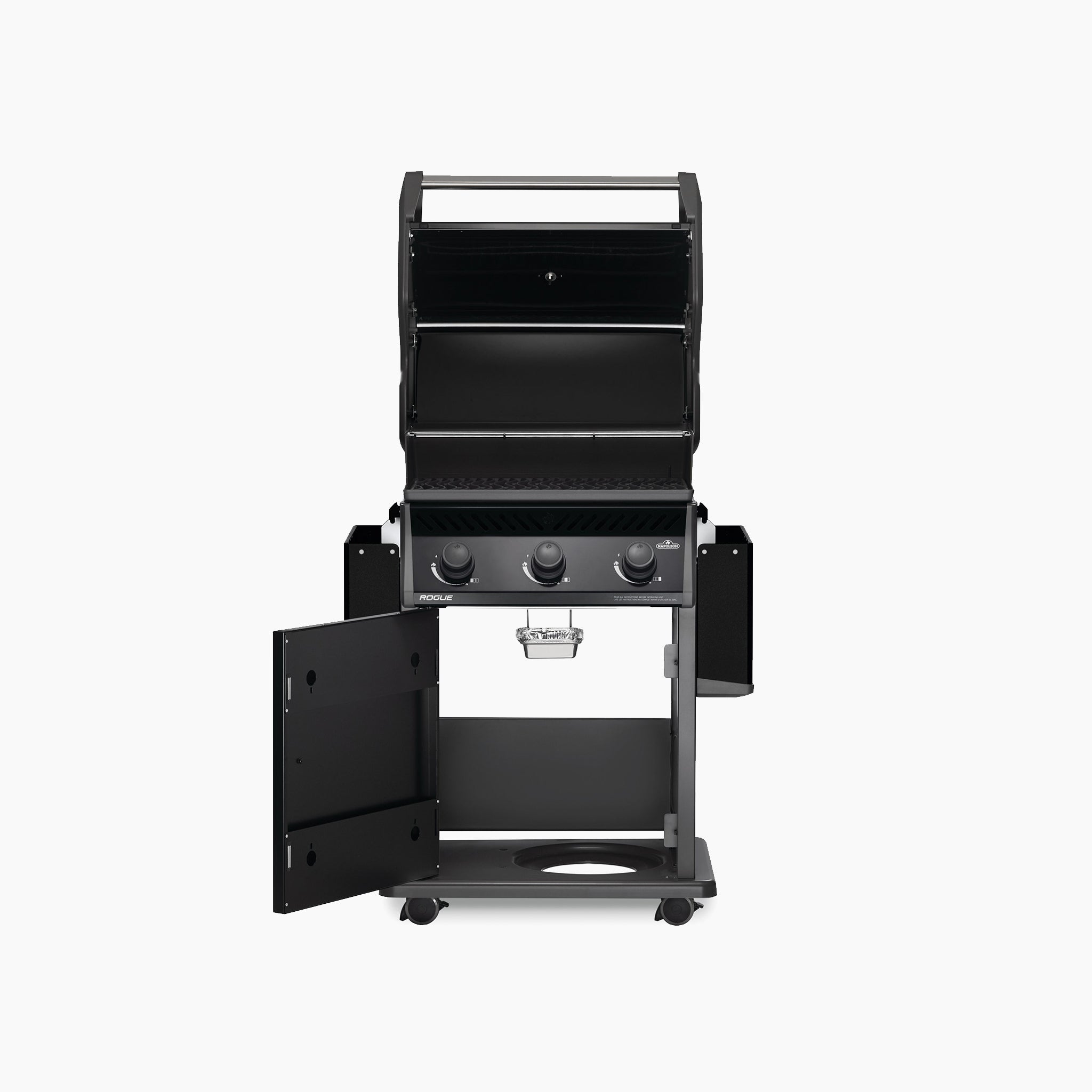 A Napoleon Rogue 425 Gas Barbecue in black, featuring three propane burners, an open lid design, and an open storage cabinet beneath on a white background. It provides precise temperature control for an optimal grilling experience.