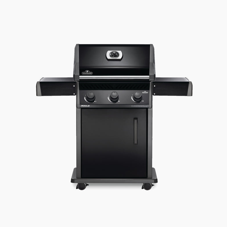 The Napoleon Rogue 425 Gas Barbecue is a black, four-burner propane grill featuring two side shelves and a built-in thermometer on the hood for precise temperature control.