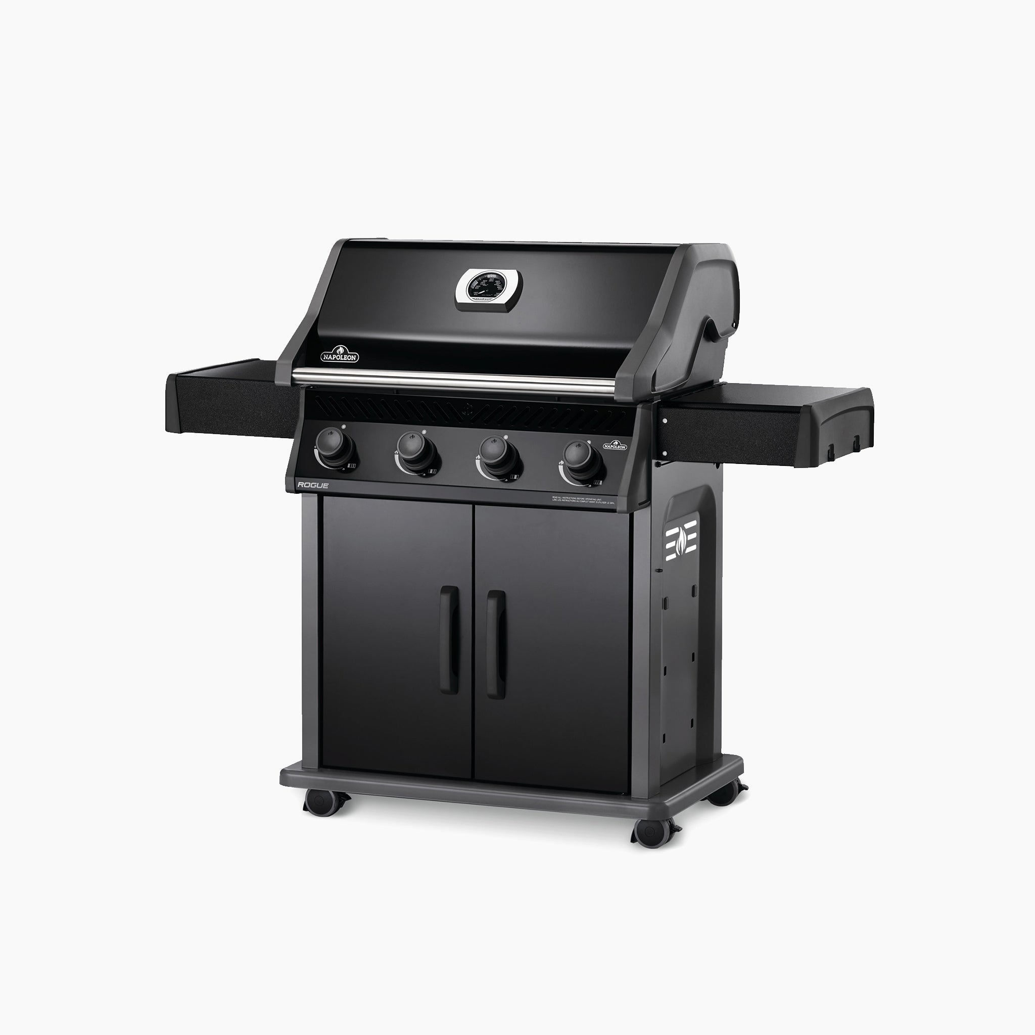 The Napoleon Rogue 525 Gas Barbecue is a sleek black propane grill equipped with four burners, convenient side tables, and a spacious lower cabinet, all mounted on wheels for easy mobility. Experience precise temperature control to elevate your grilling prowess.