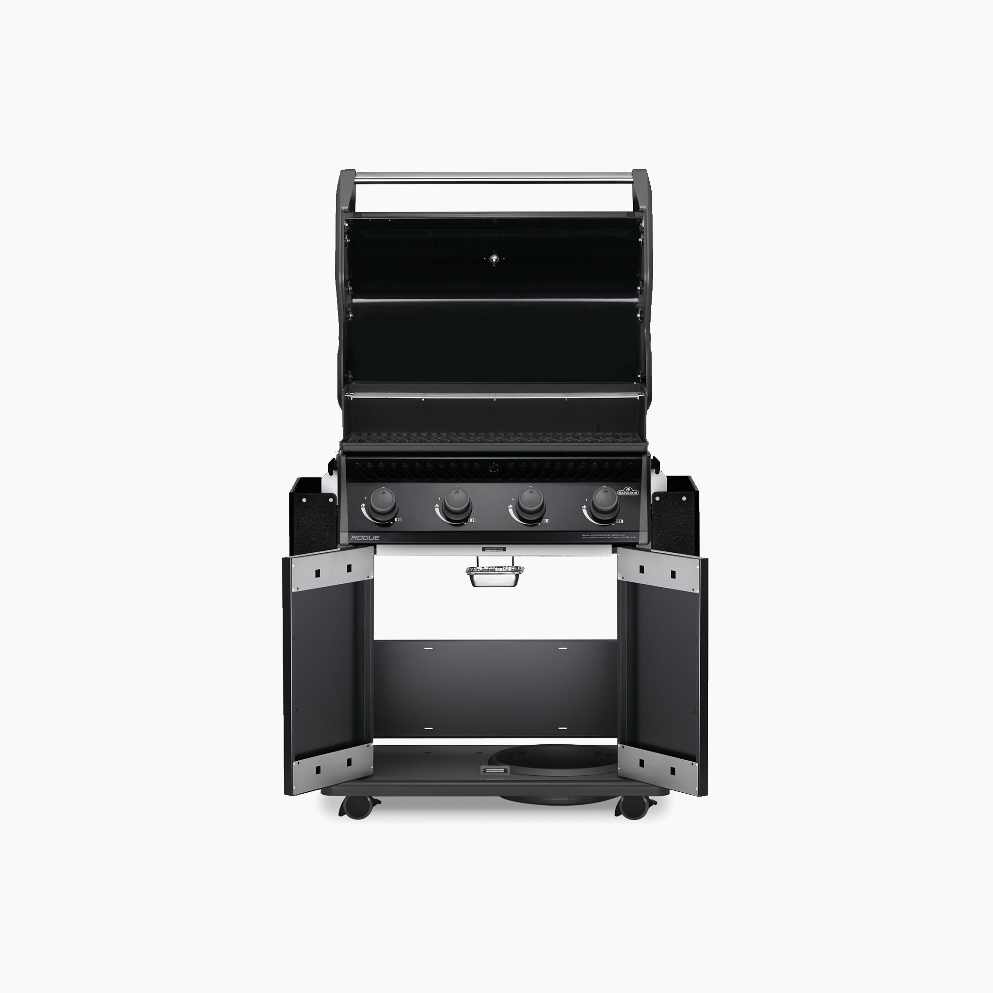 An open-lid black propane gas barbecue with four knobs and an empty storage cabinet below. Experience precise temperature control with the Napoleon Rogue 525 Gas Barbecue model.