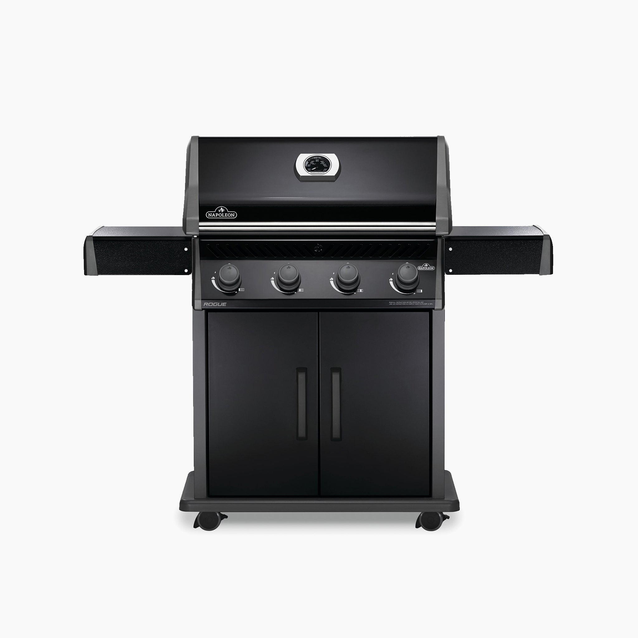 Napoleon's Rogue 525 Gas Barbecue is a sleek, black, three-burner propane gas grill featuring side shelves, dials for precise temperature control, and a storage cabinet underneath.