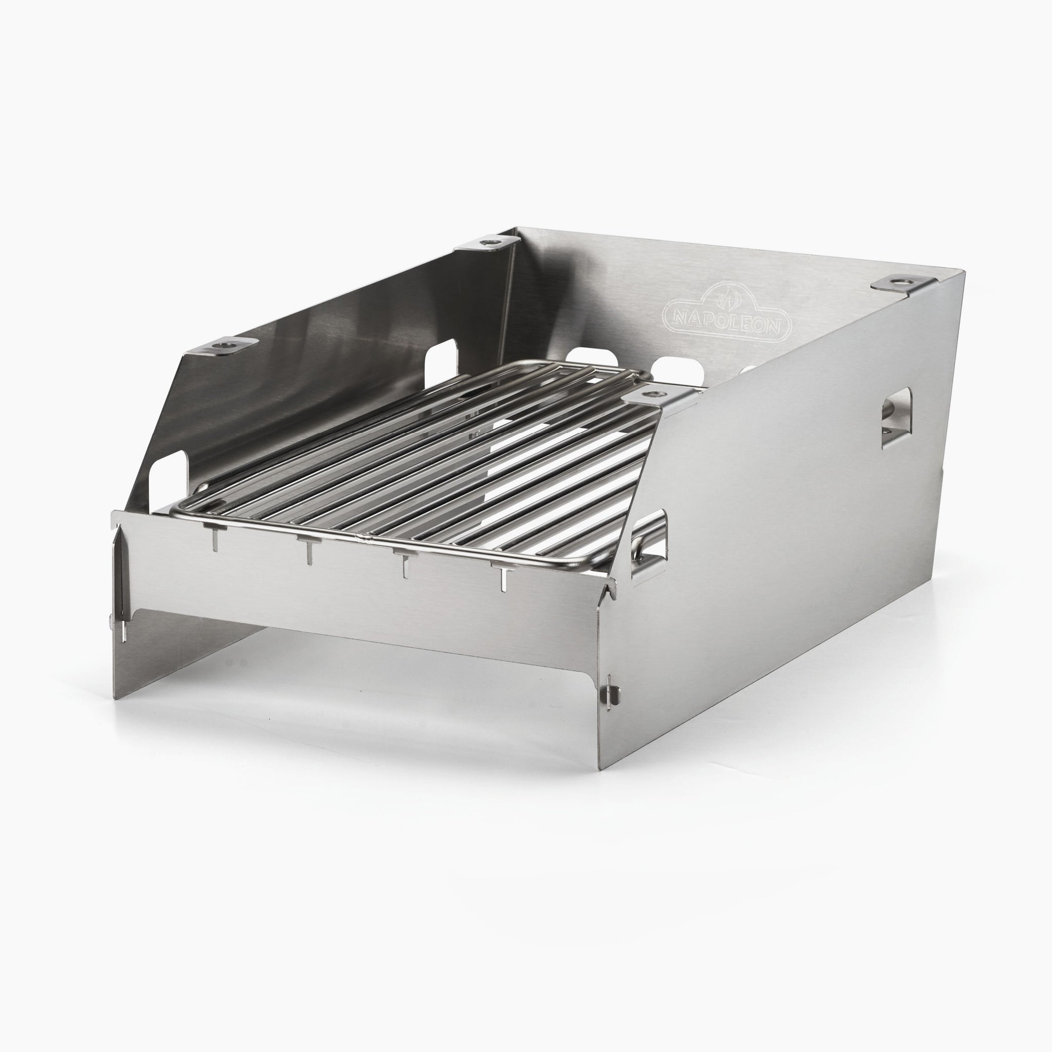 The Napoleon Side Burner Windshield - Large is a stainless steel portable outdoor grill with a sleek rectangular design, equipped with a grated cooking surface. It pairs perfectly with stainless steel skewers for an effortless grilling experience.