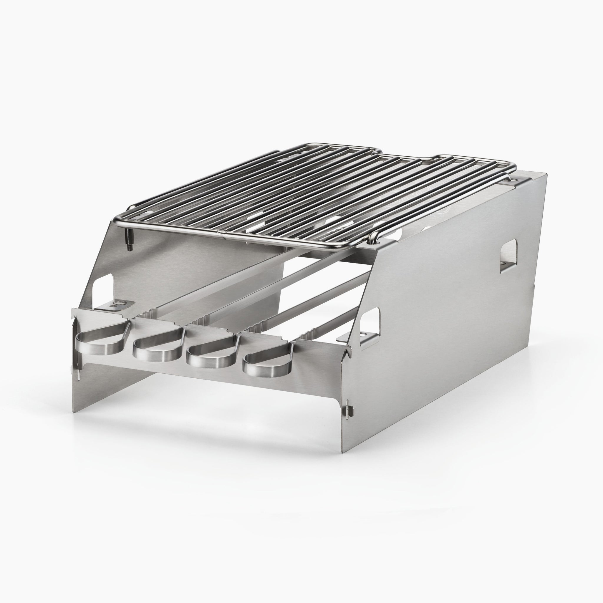 Portable Napoleon Side Burner Windshield - Large stainless steel camping stove, featuring a compact, foldable design with a grilling rack on top and compatibility with stainless steel skewers.